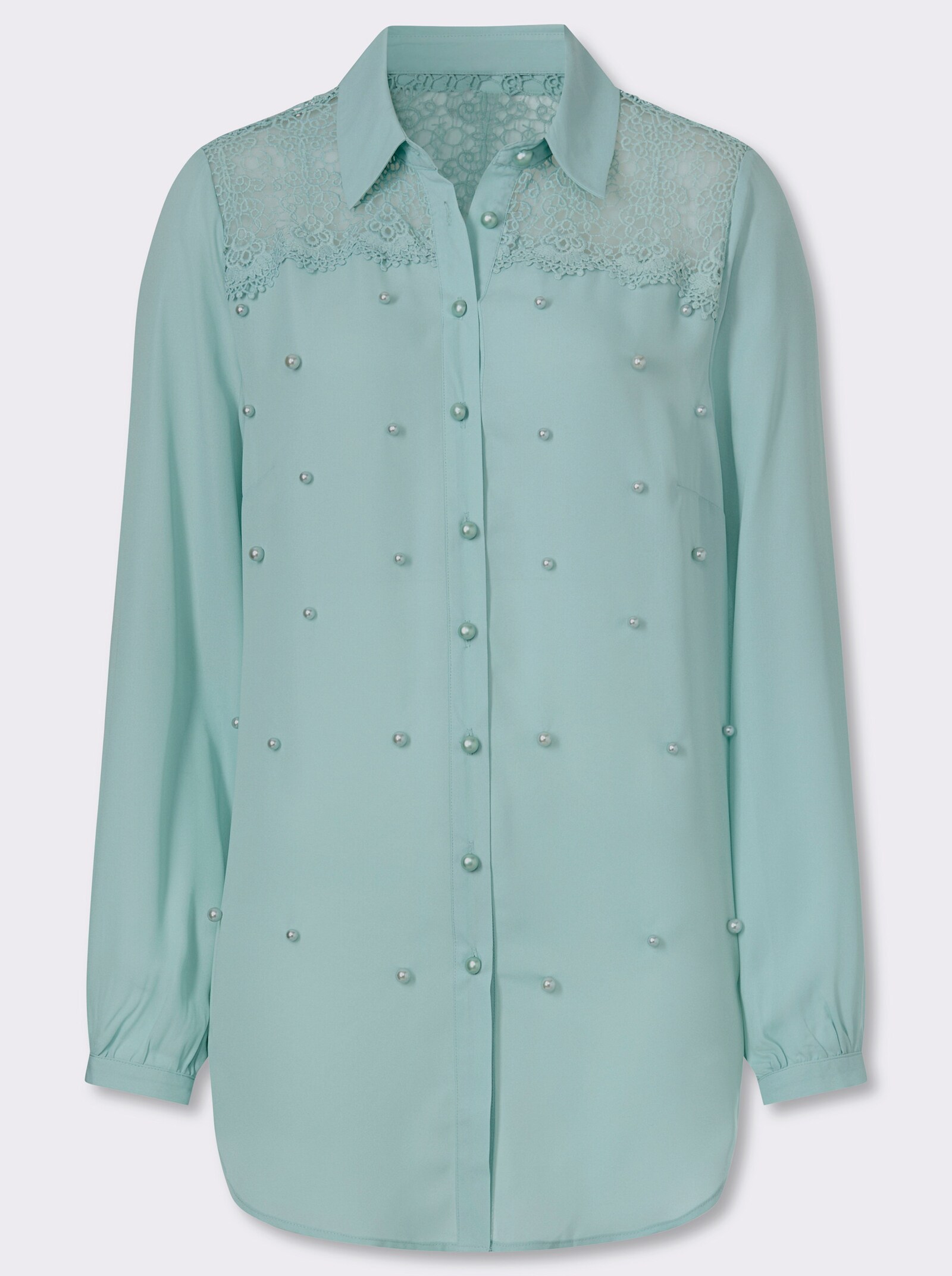 Longbluse mit Spitze und Zierperlen - kalkmint