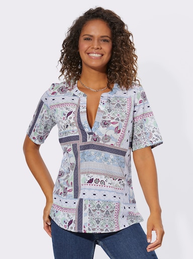 Kurzarmbluse in Patchwork-Optik - ecru-flieder-bedruckt