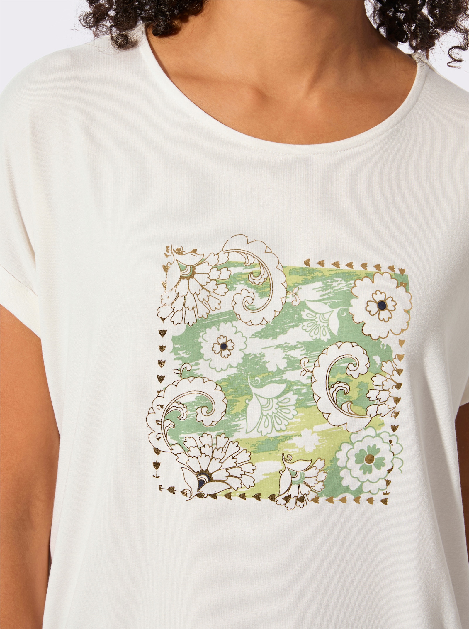 Rundhalsshirt mit Glanz-Akzenten - ecru-eucalyptus-bedruckt
