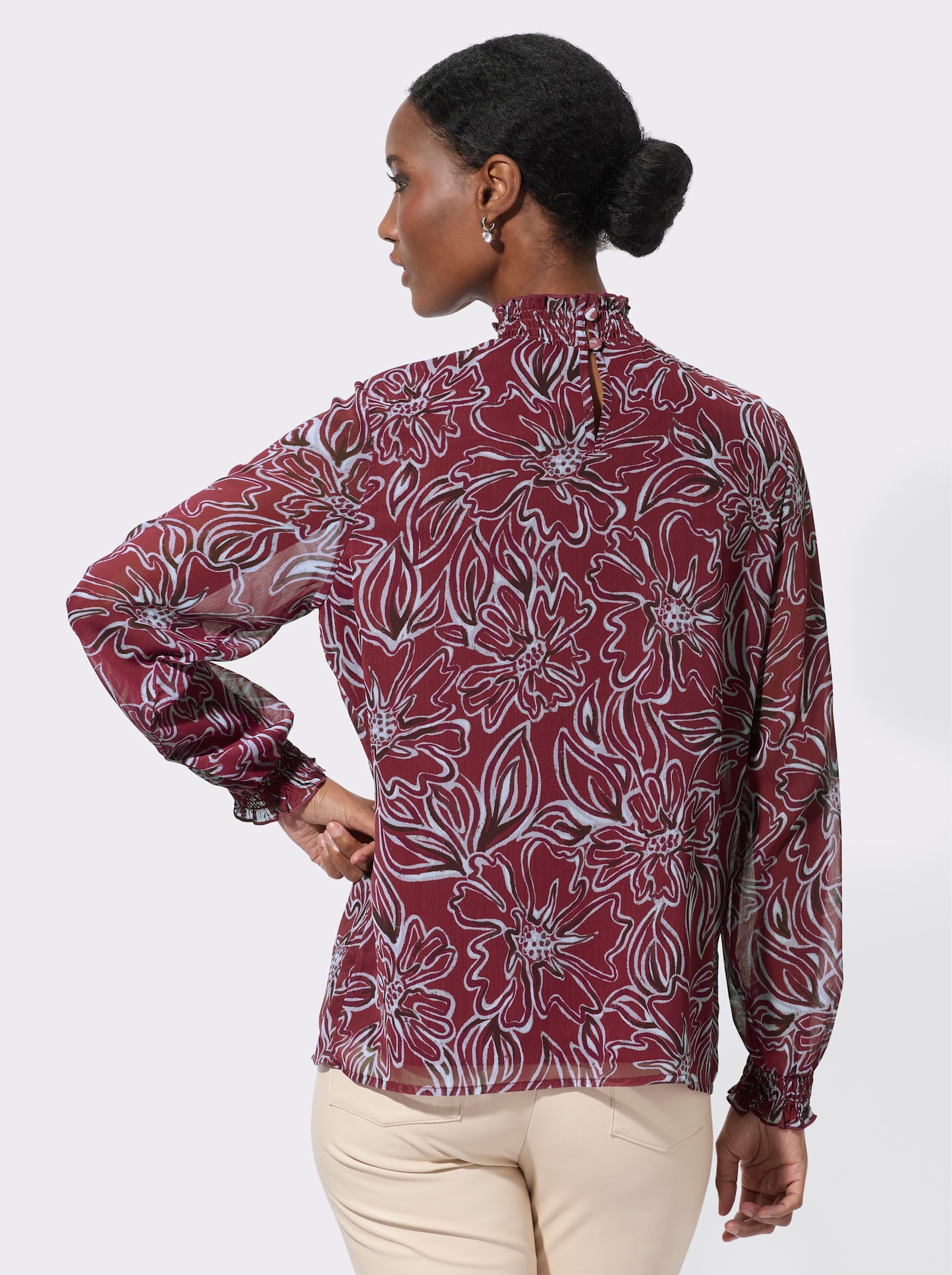 Druckbluse mit gesmoktem Stehkragen - bordeaux-flieder-bedruckt