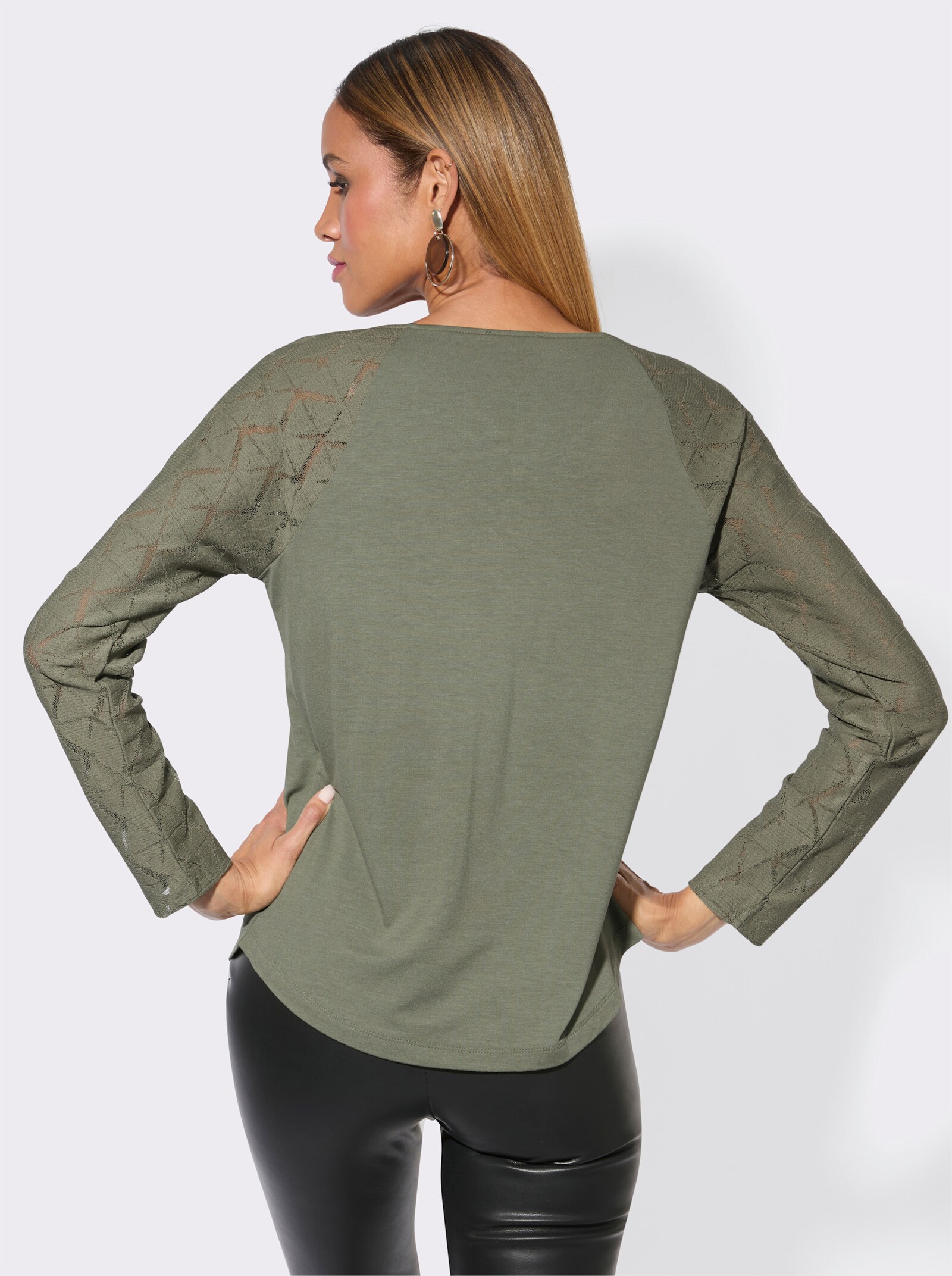 Spitzenshirt mit Reißverschluss - khaki