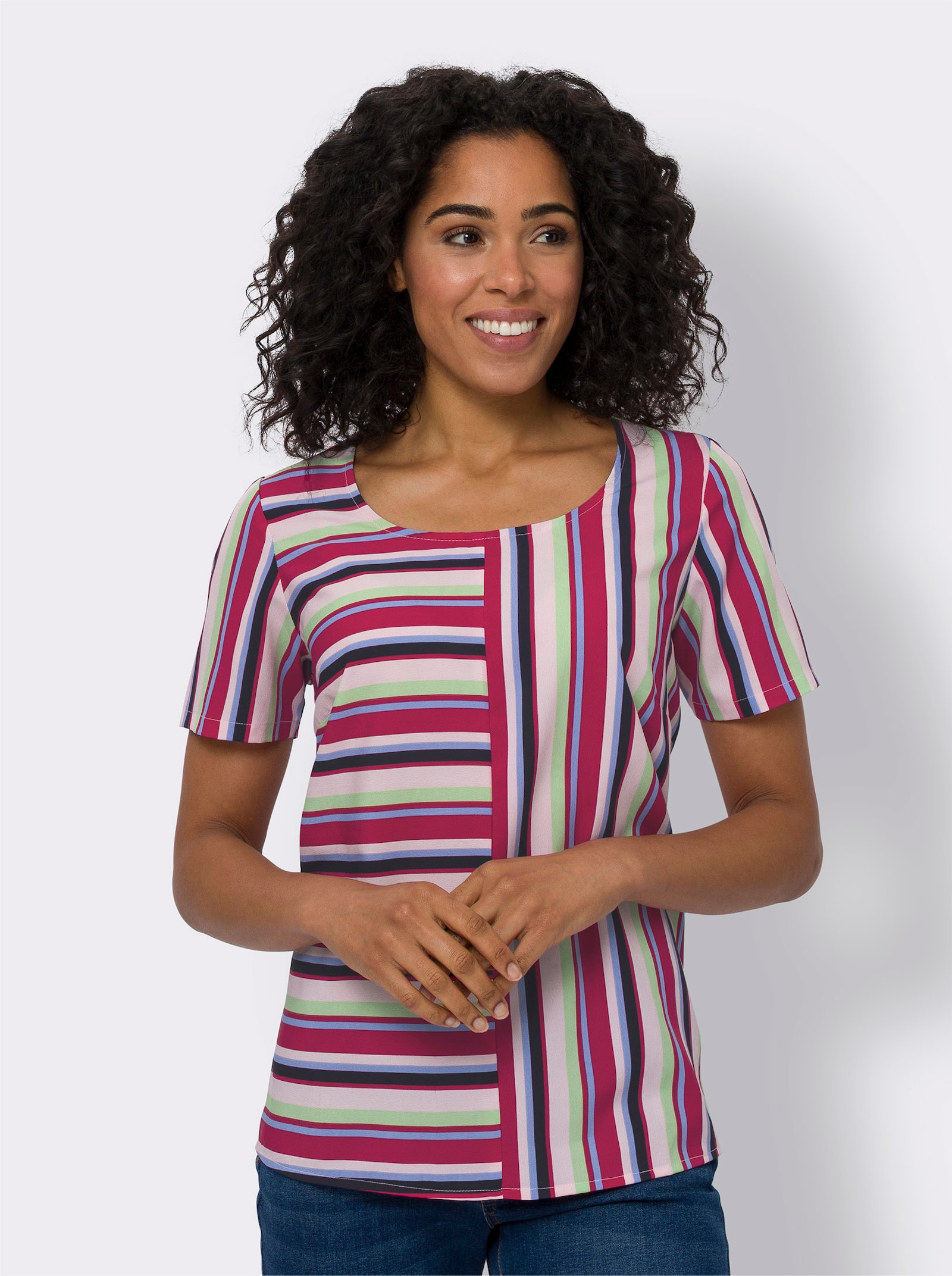 Schlupfbluse im Streifen-Dessin - hellrosé-himmelblau-gestreift