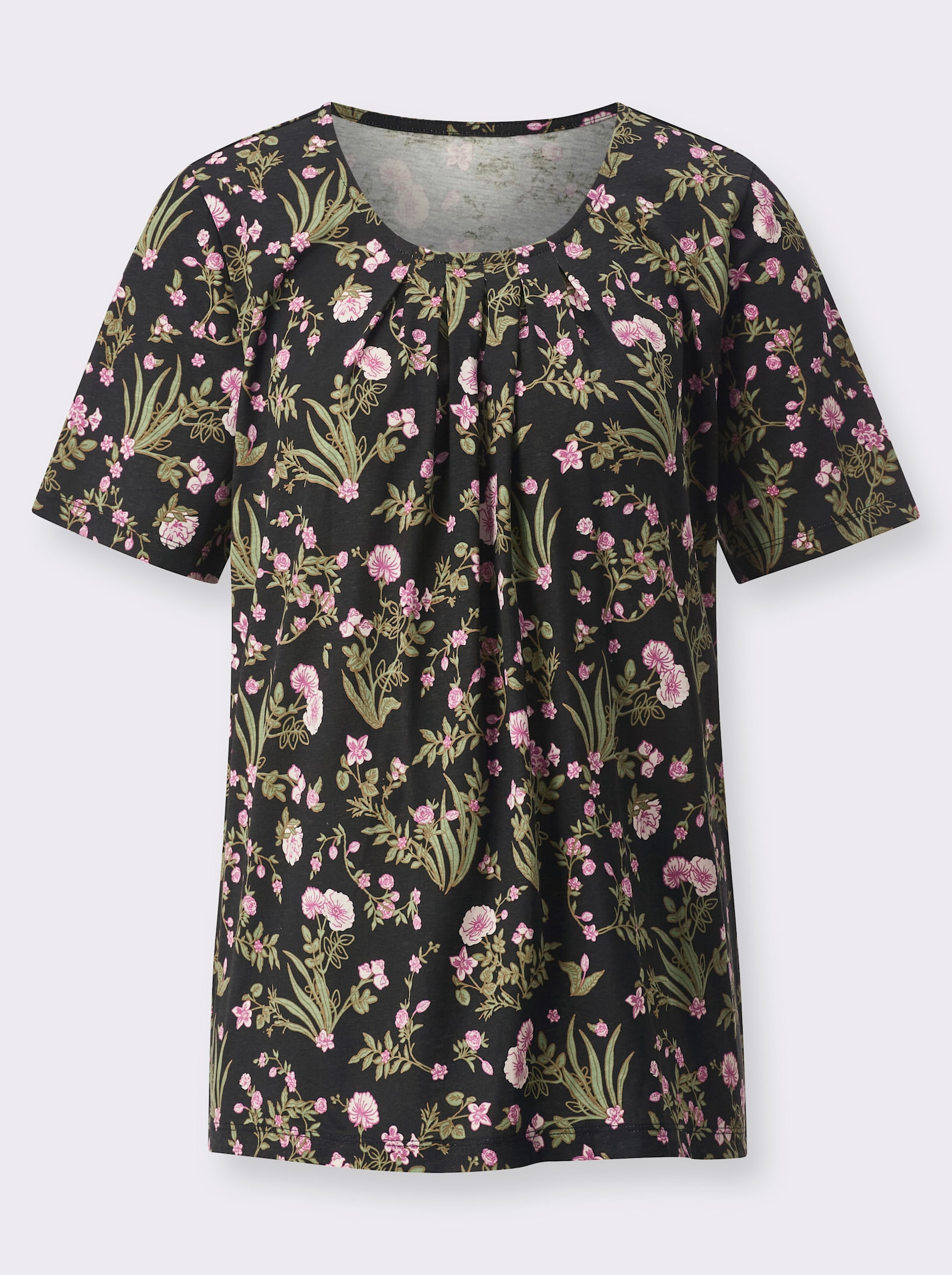 Tričko s krátkým rukávem s květinovým vzorem - černá-růžová-potisk