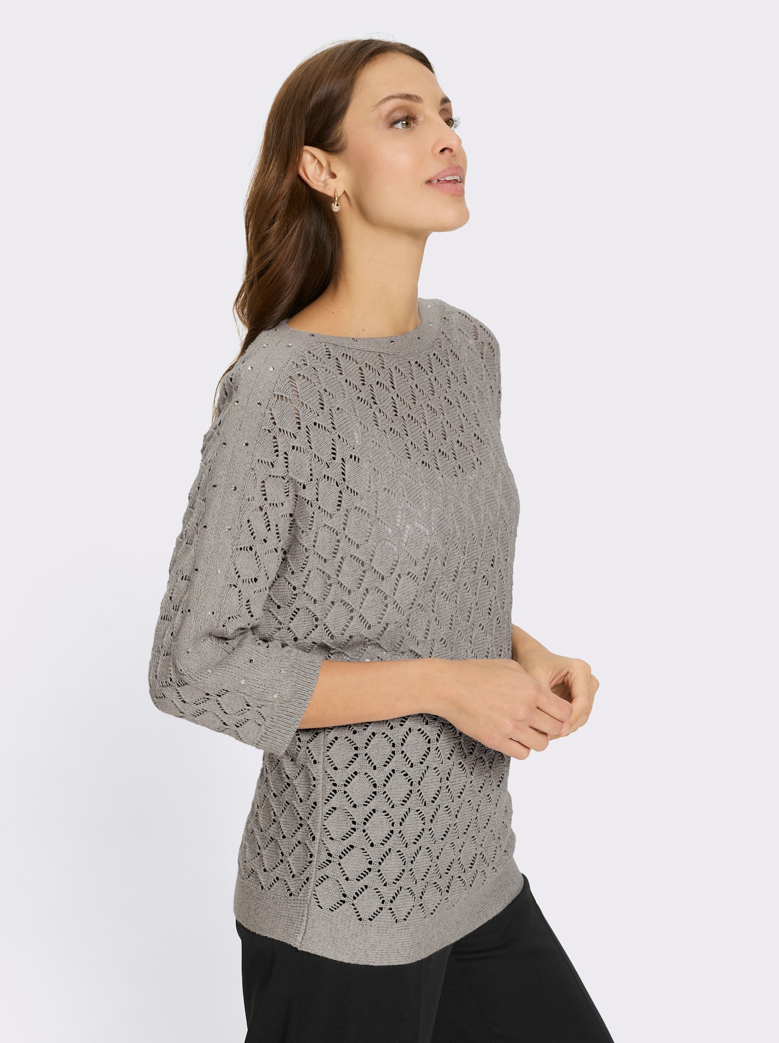 Ajourpullover mit Glitzersteinchen - hellgrau-meliert