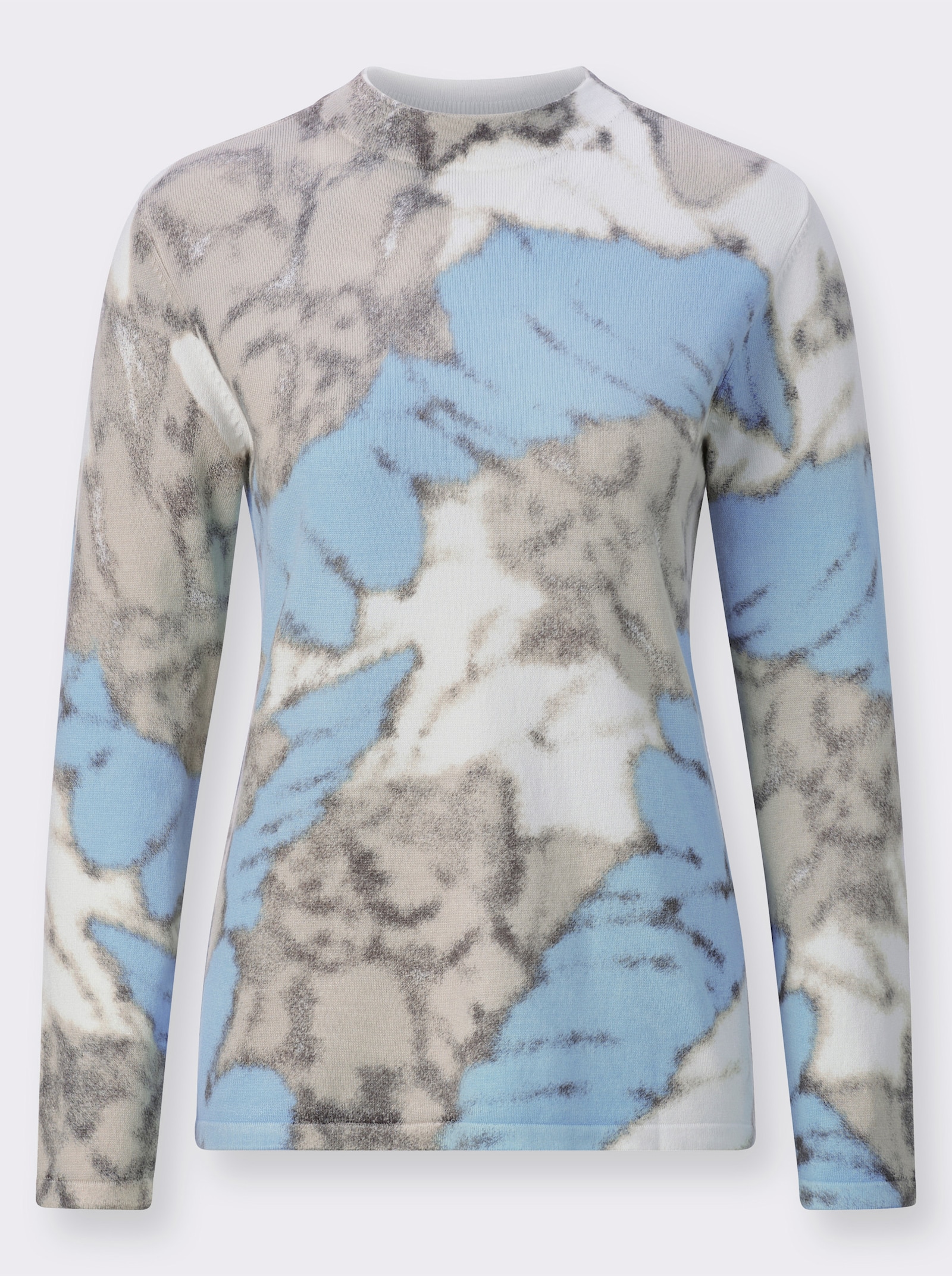 Feinstrickpullover mit Diagonal-Druck - ecru-eisblau-bedruckt