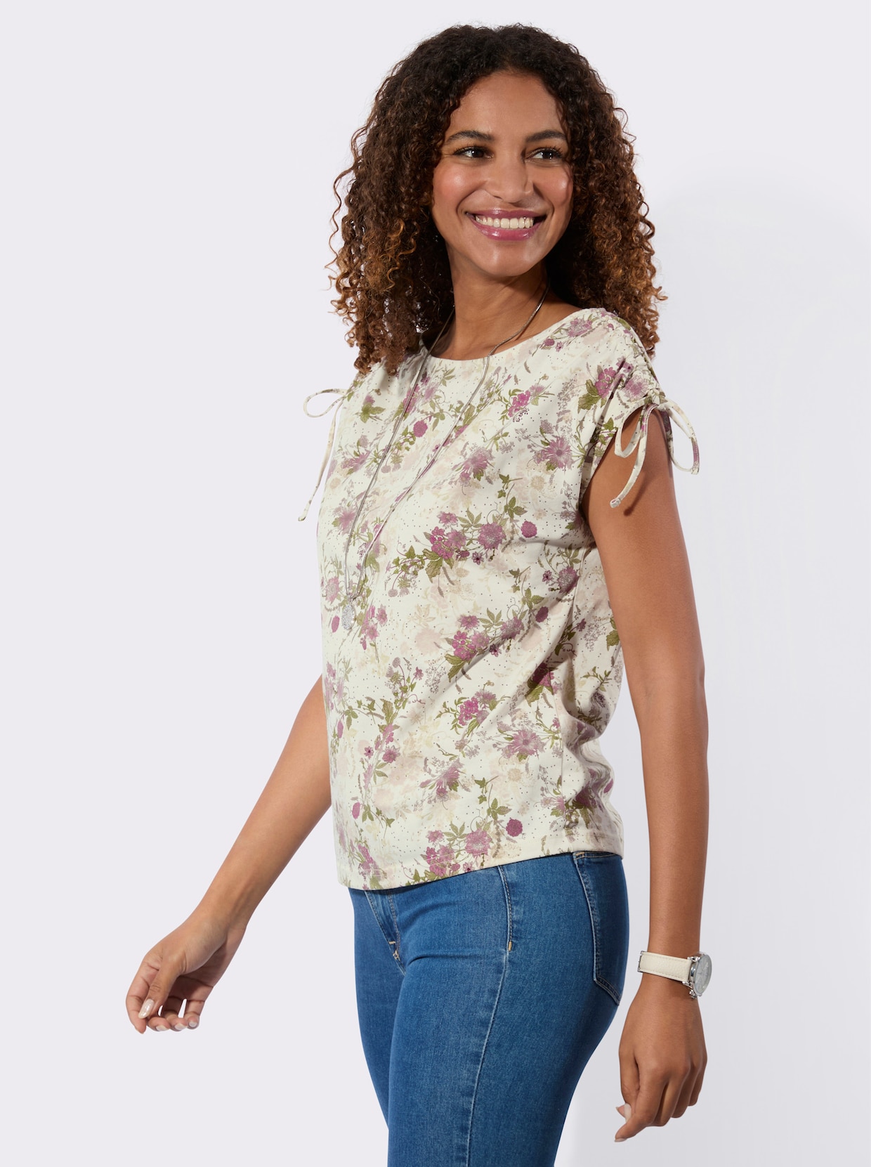 Kurzarmshirt - champagner-hortensie-bedruckt