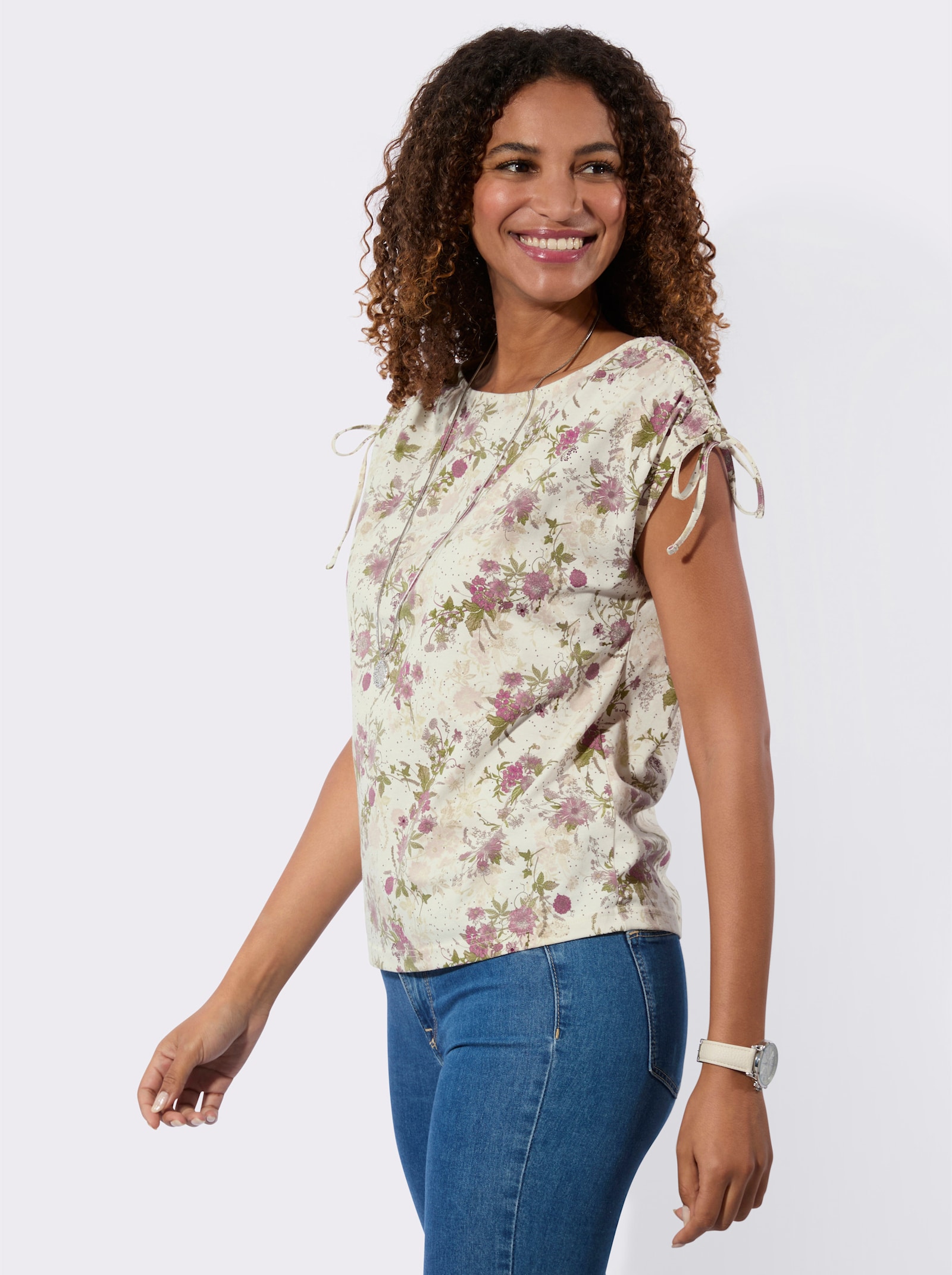 Kurzarmshirt mit Raffungen - champagner-hortensie-bedruckt