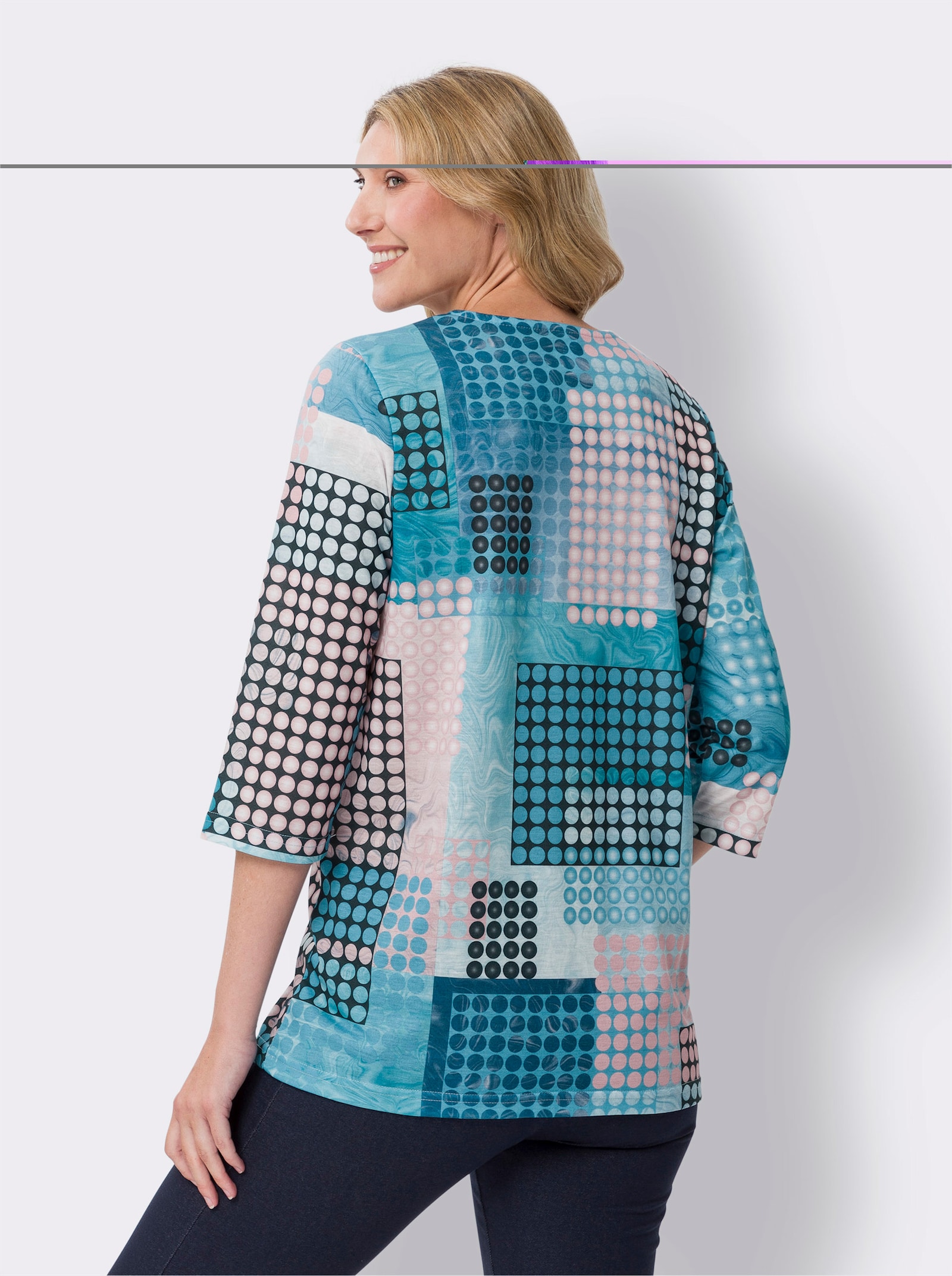 3/4-Arm-Shirt in Longform - türkis-rosenquarz-bedruckt