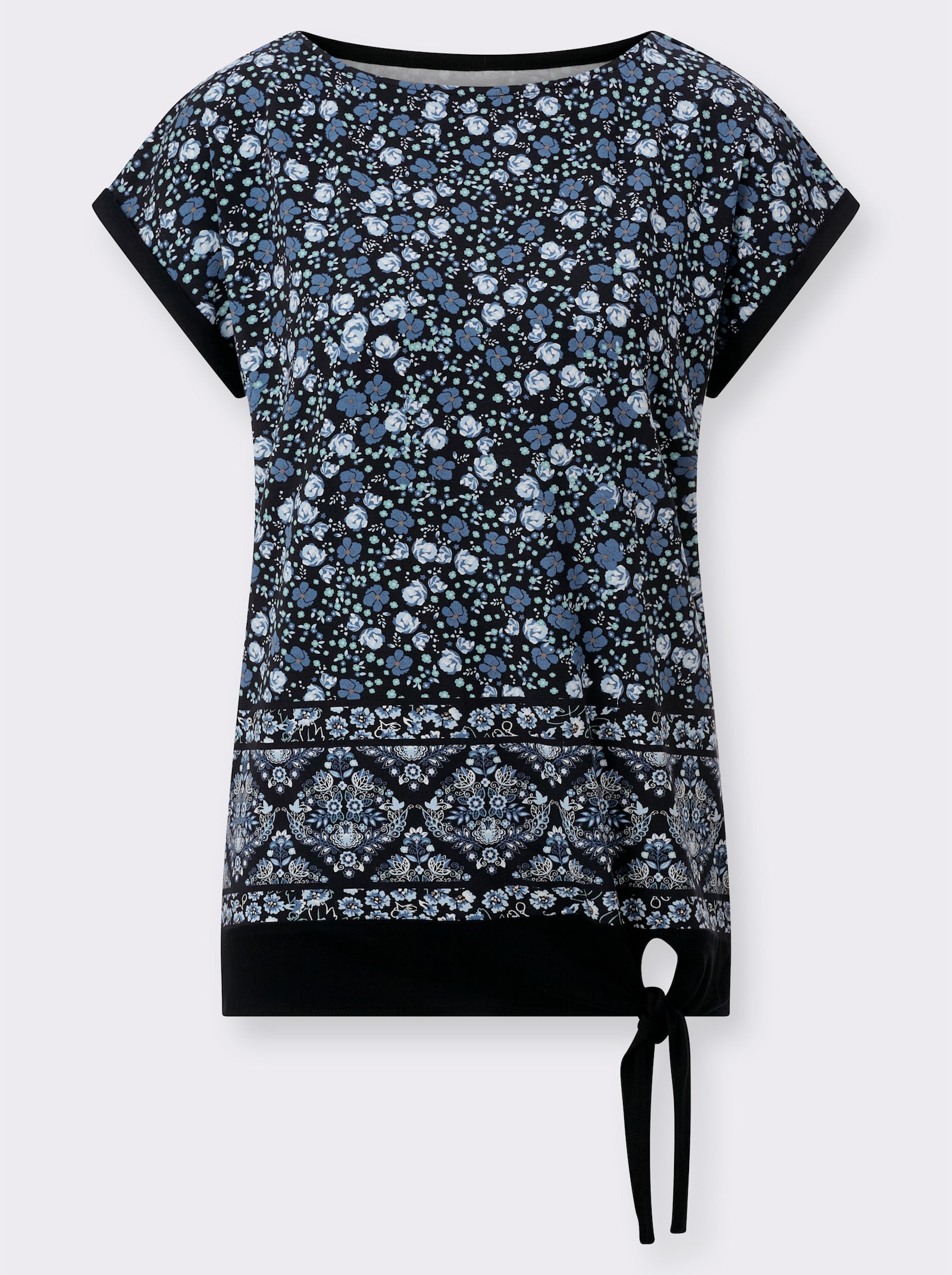Kurzarmshirt mit Bindeband am Saum - jeansblau-schwarz-bedruckt