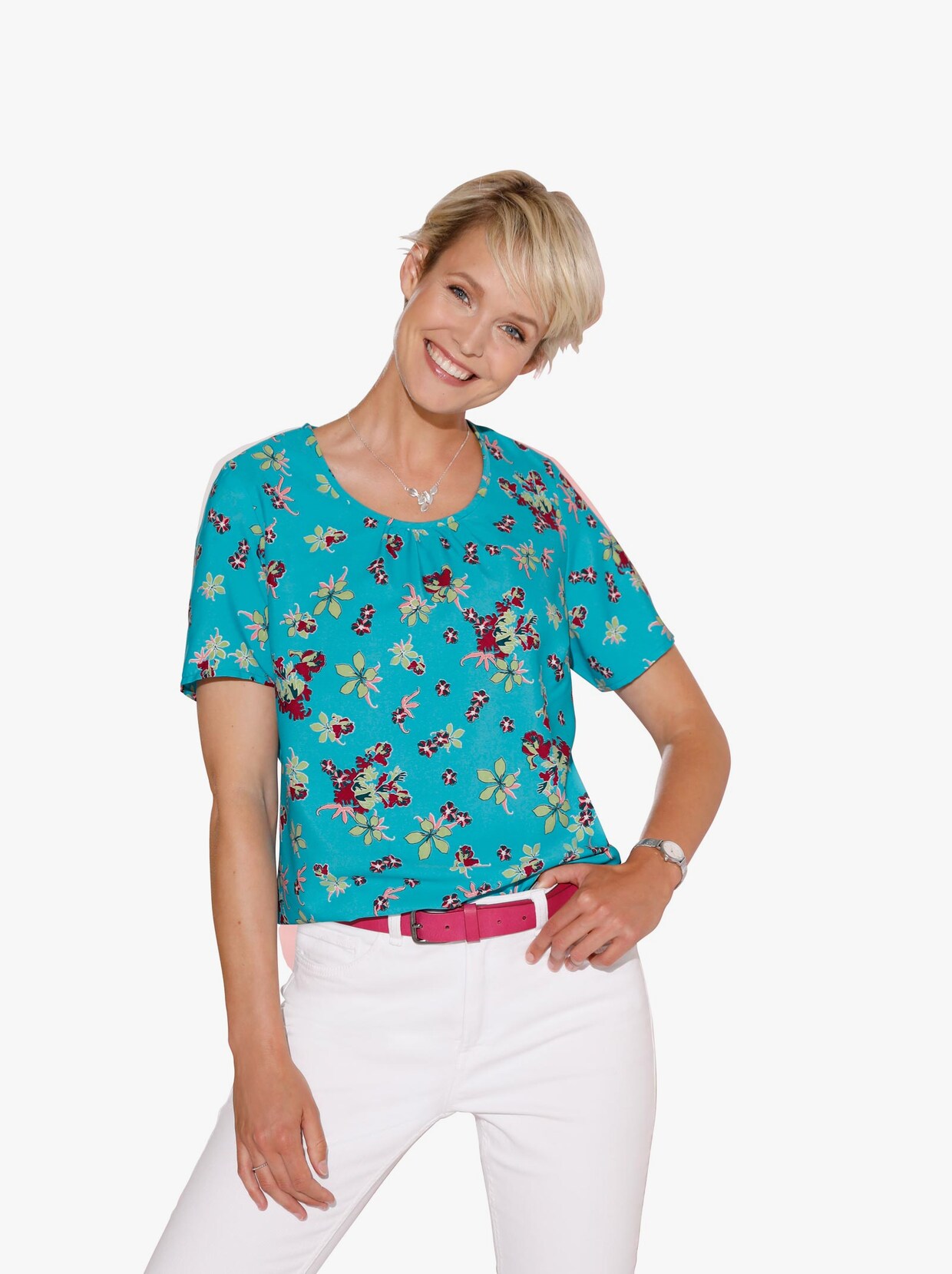 Comfortabele blouse - turquoise geprint