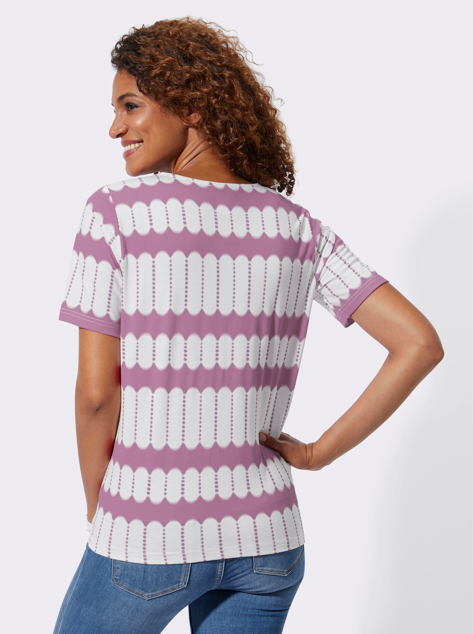 Tričko s krátkým rukávem s výstřihem do V - orchideová-ecru-potisk