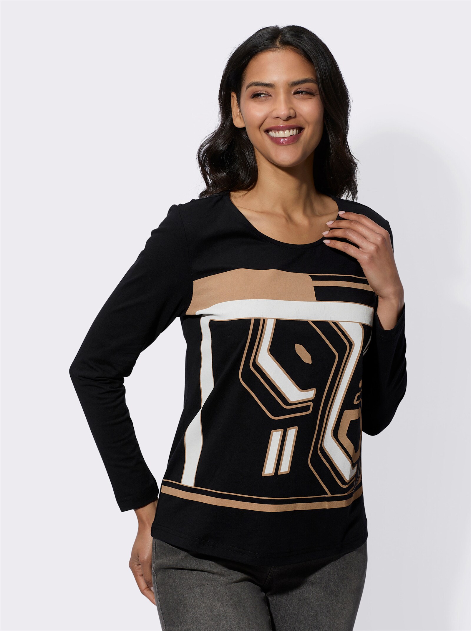 Shirt met lange mouwen en grafische print - zwart/camel bedrukt