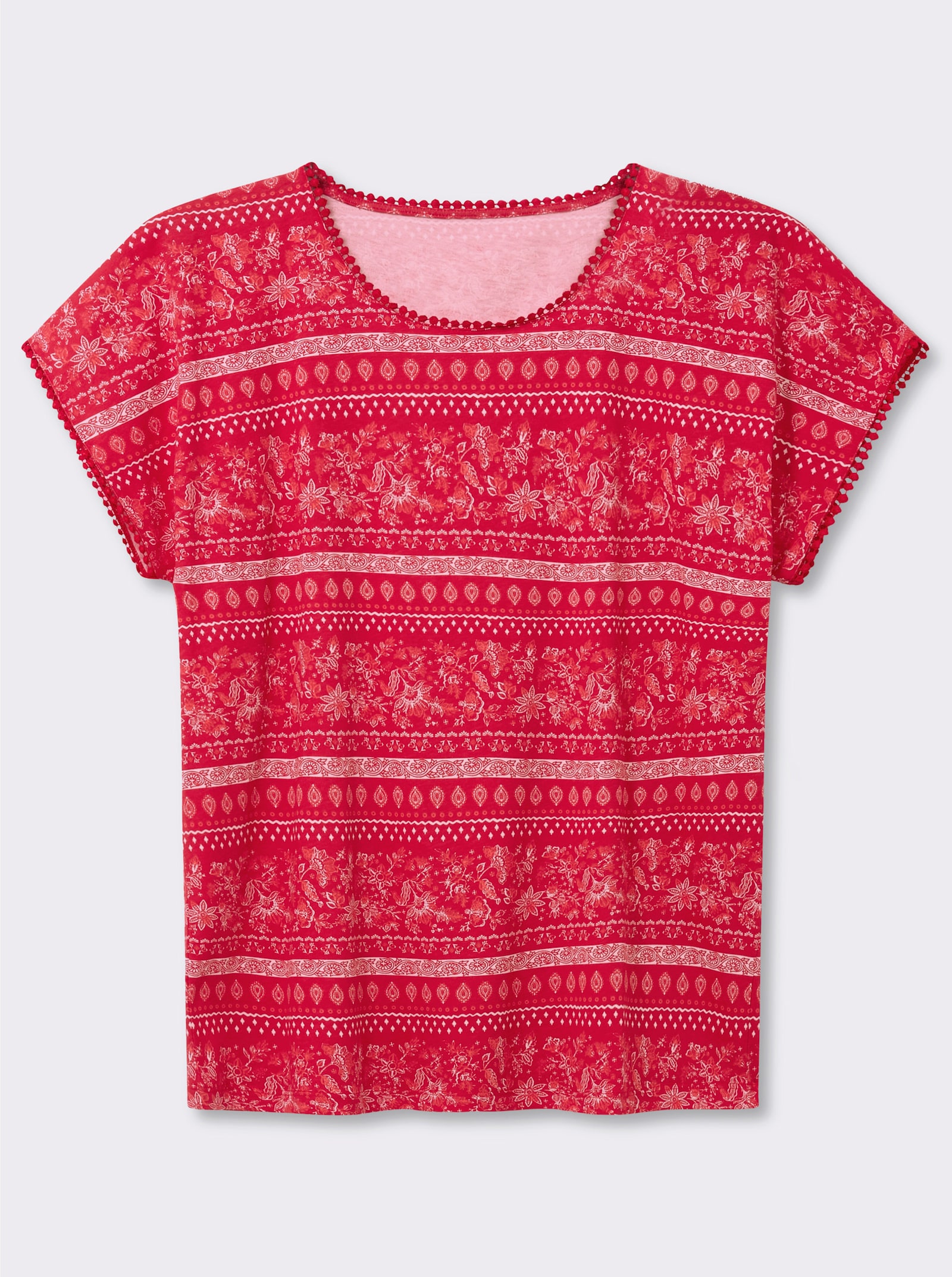  Print-Shirt mit Spitzenborte - erdbeere-ecru-bedruckt