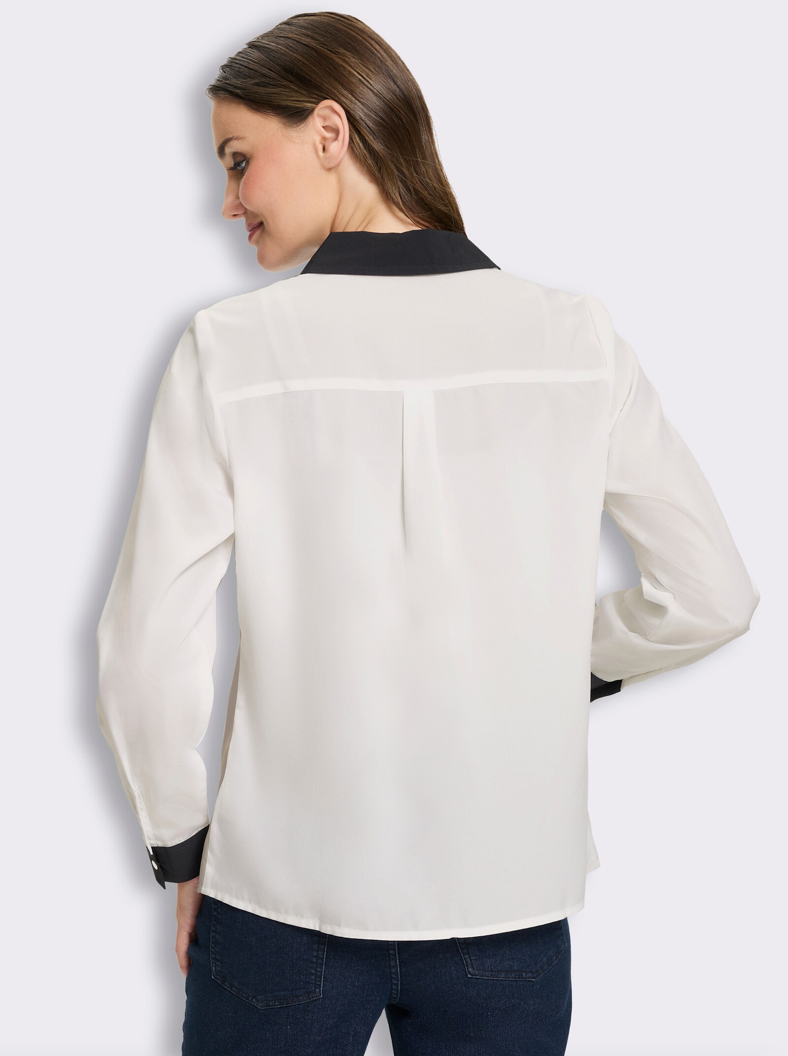 Langarm-Bluse mit Kontrast-Details - weiß-beige