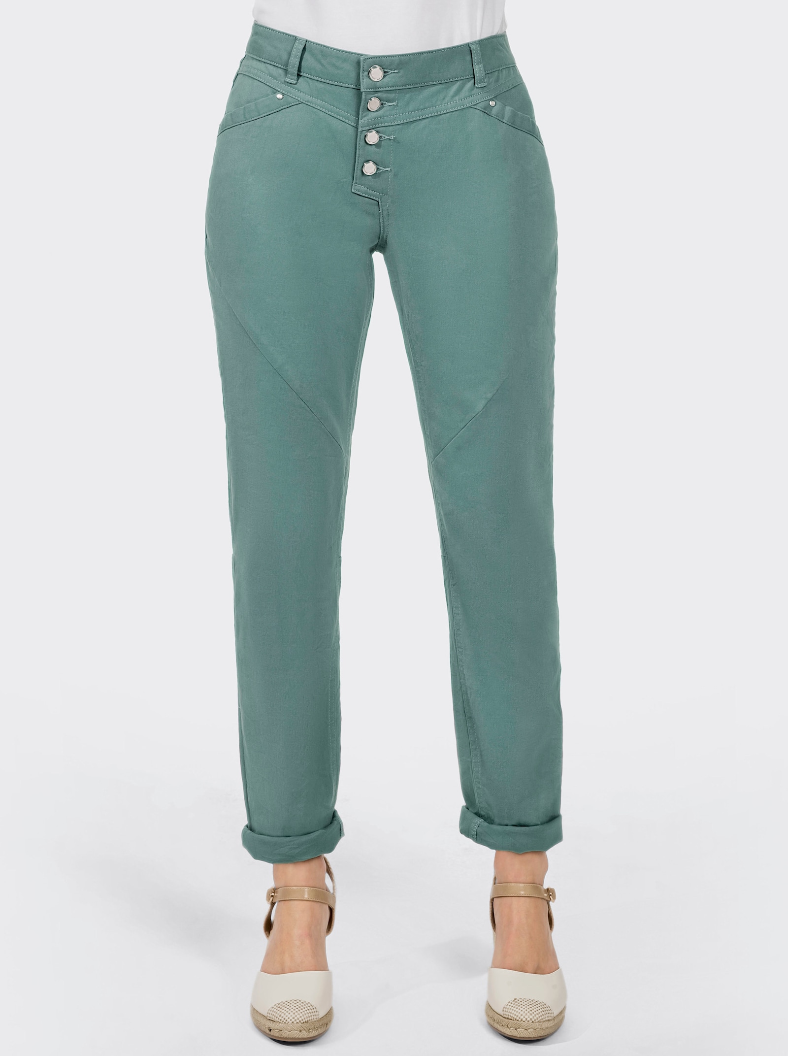 Jeans mit Knopfleiste statt Reißverschluss - jade