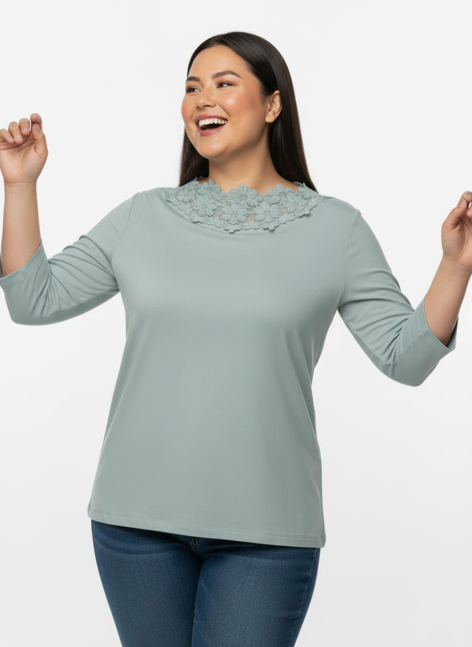 3/4-Arm-Shirt mit transparenter Blüten-Spitze - kalkmint