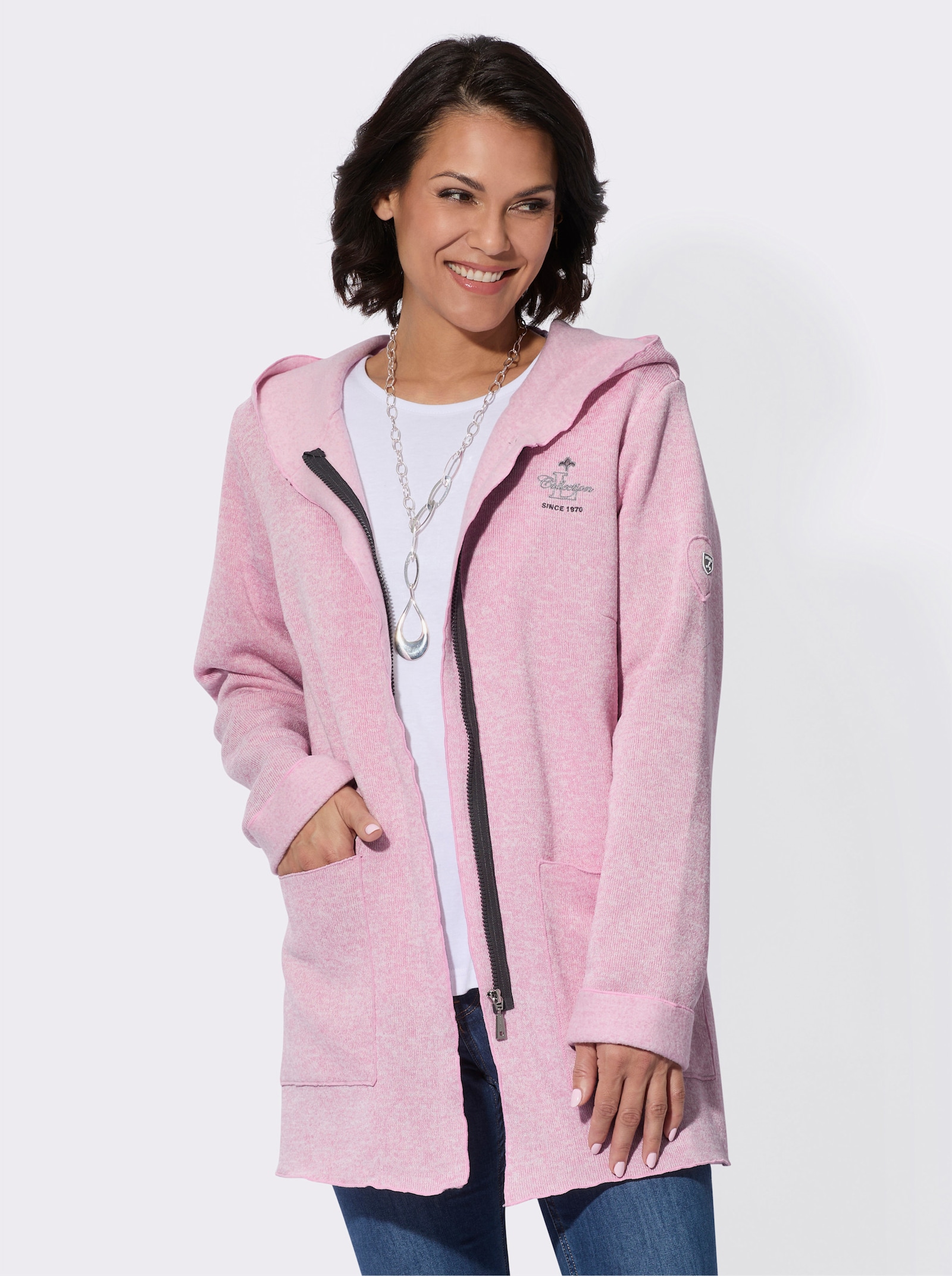 Strickfleece-Jacke mit fixiertem Ärmelaufschlag - rosé-meliert