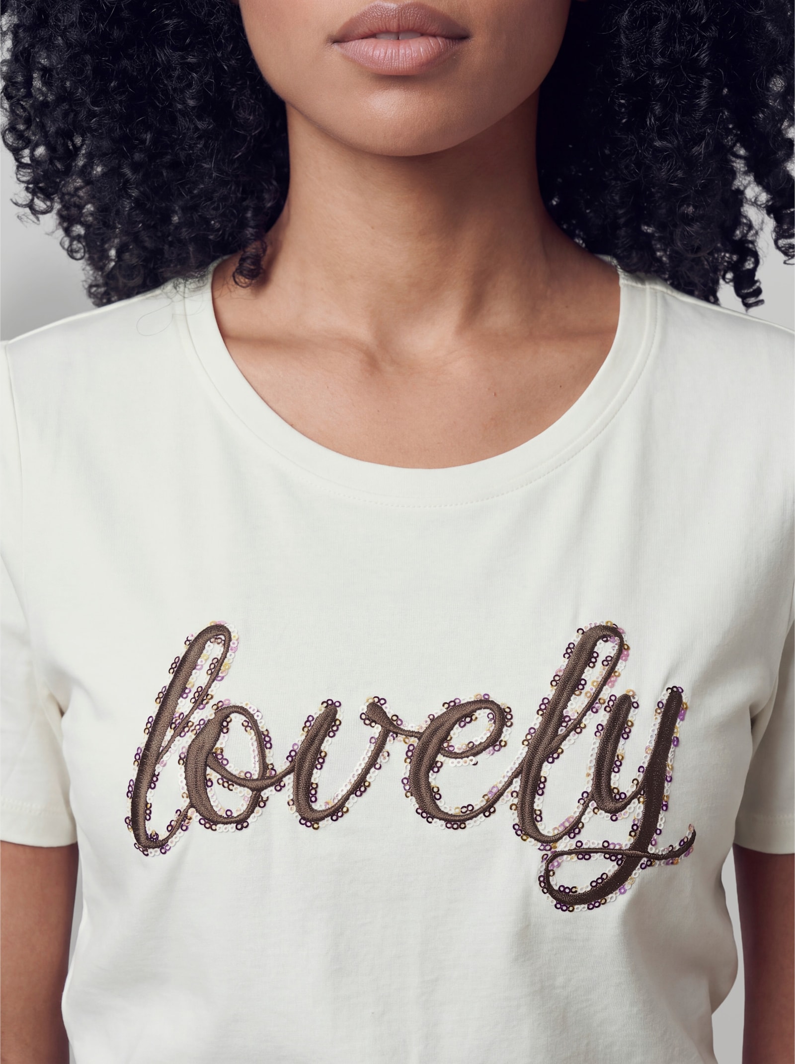 heine Kurzarmshirt mit Pailletten-Schriftzug - ecru