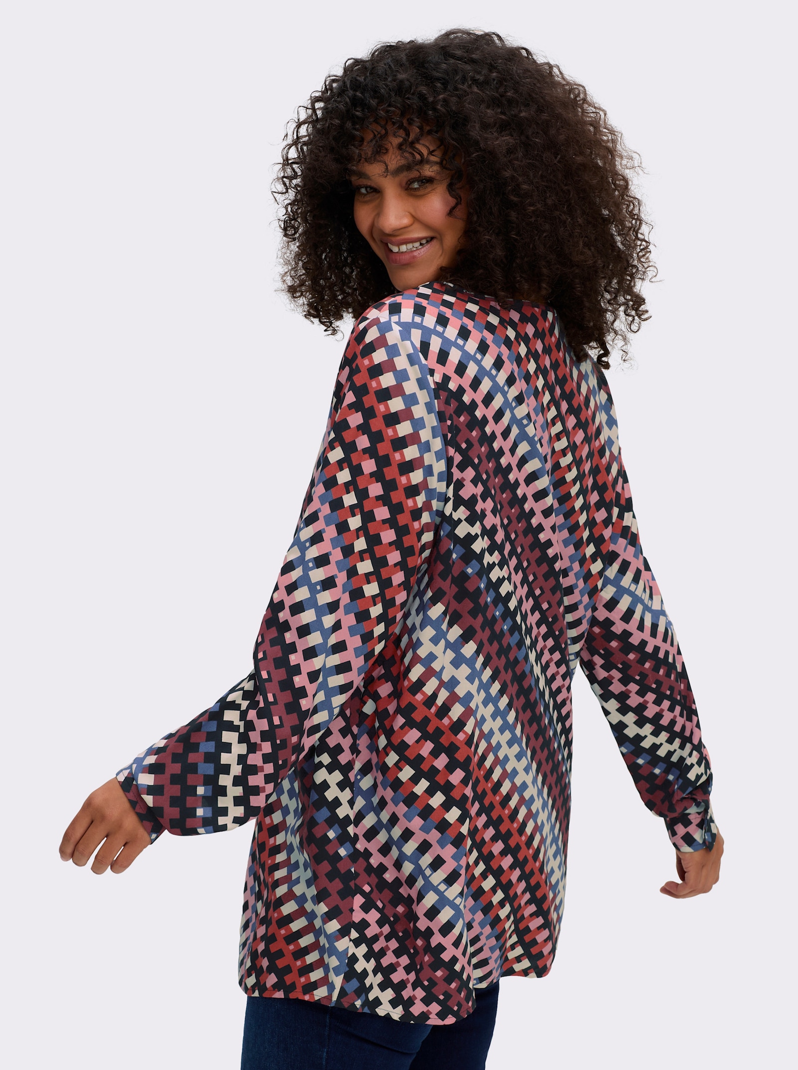 Schlupfbluse mit grafischem Muster - schwarz-flamingo-bedruckt