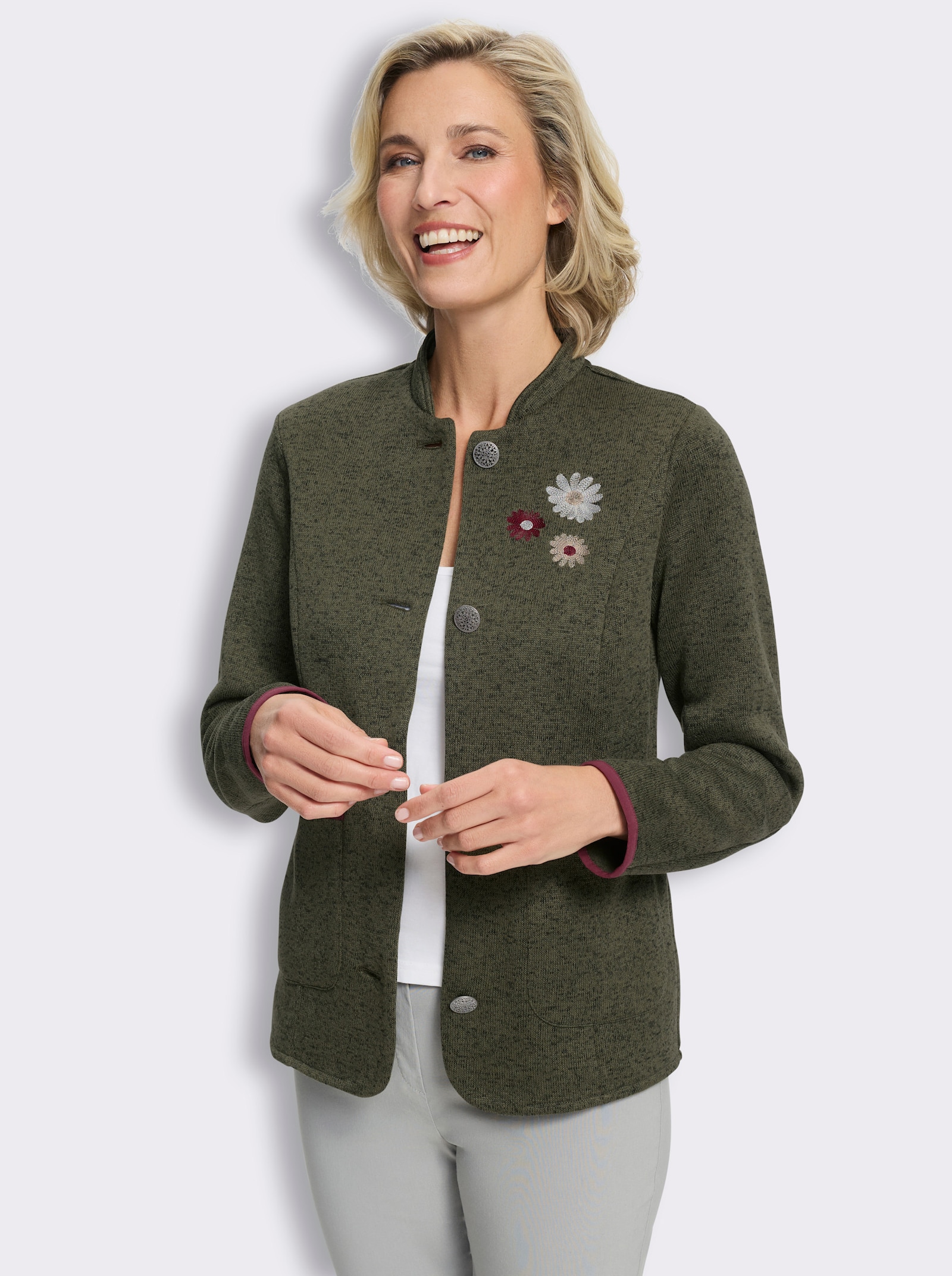 Blazer met bloemenborduursel - kaki gemêleerd