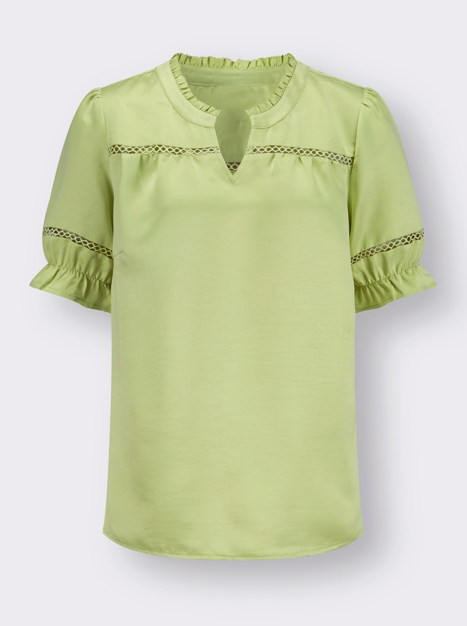 Satinbluse mit Spitzen-Einsatz - pistazie