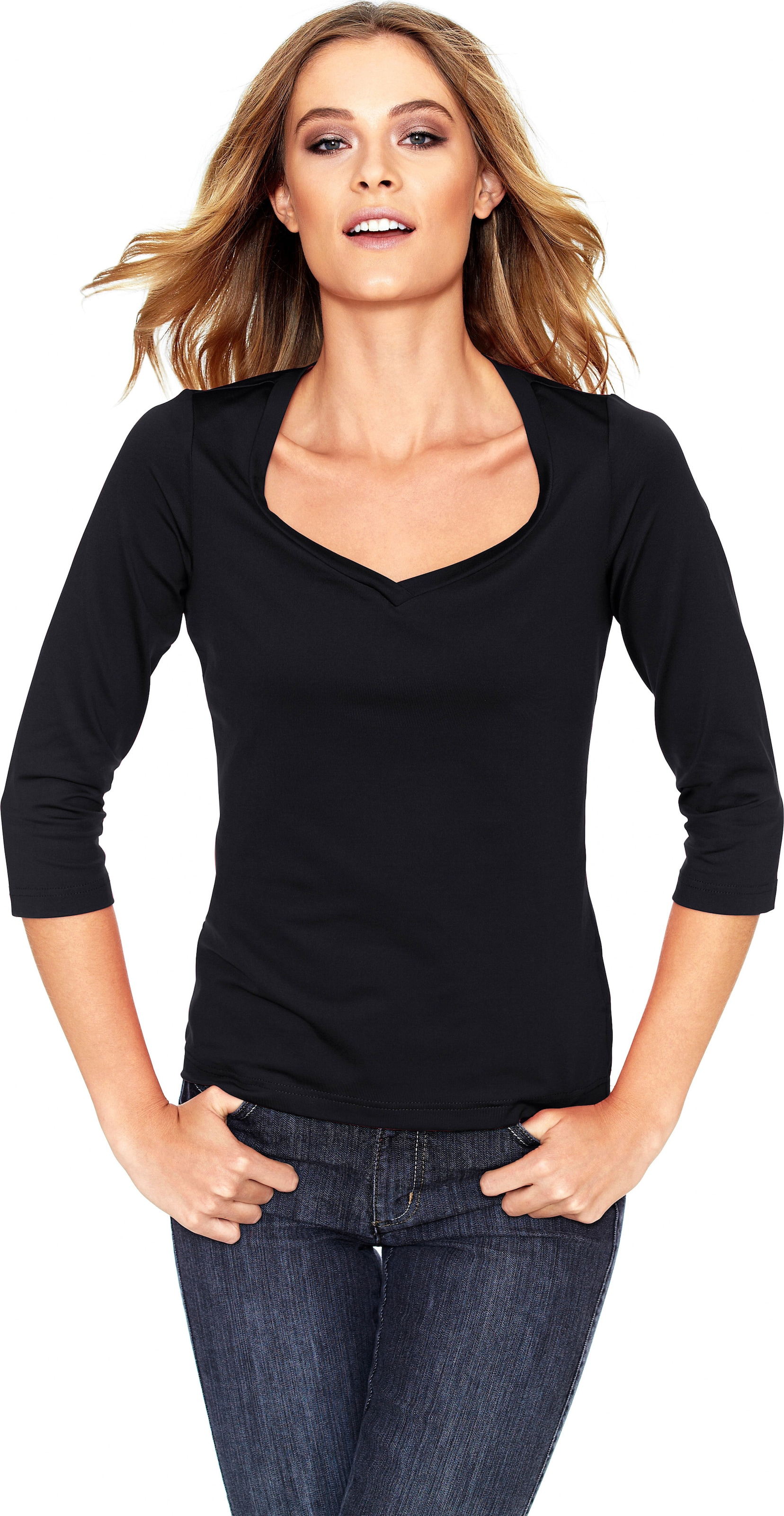 IR Mini günstig Kaufen-Shirt in schwarz von heine. Shirt in schwarz von heine <![CDATA[Shirt Femininer Kombi-Style aus Tactel, in angenehmer Stretch-Qualität. Mit hoher Farbbrillanz und leichtem Glanz. Figurbetont, mit Herzausschnitt und 3/4-Arm.]]>. 