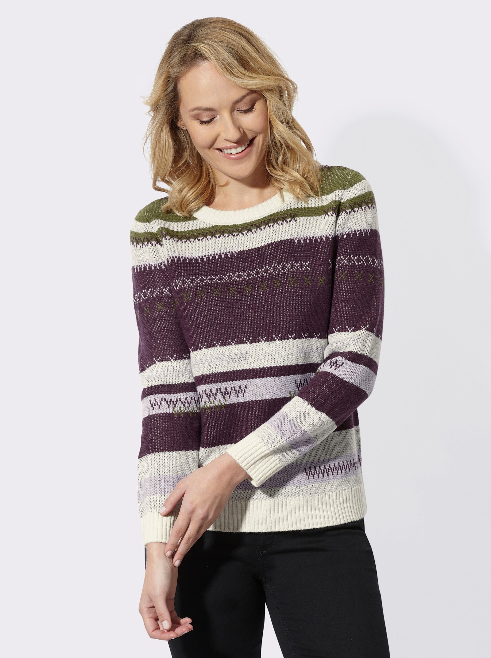 Jacquard-Pullover mit Strickmuster - aubergine-oliv-gemustert