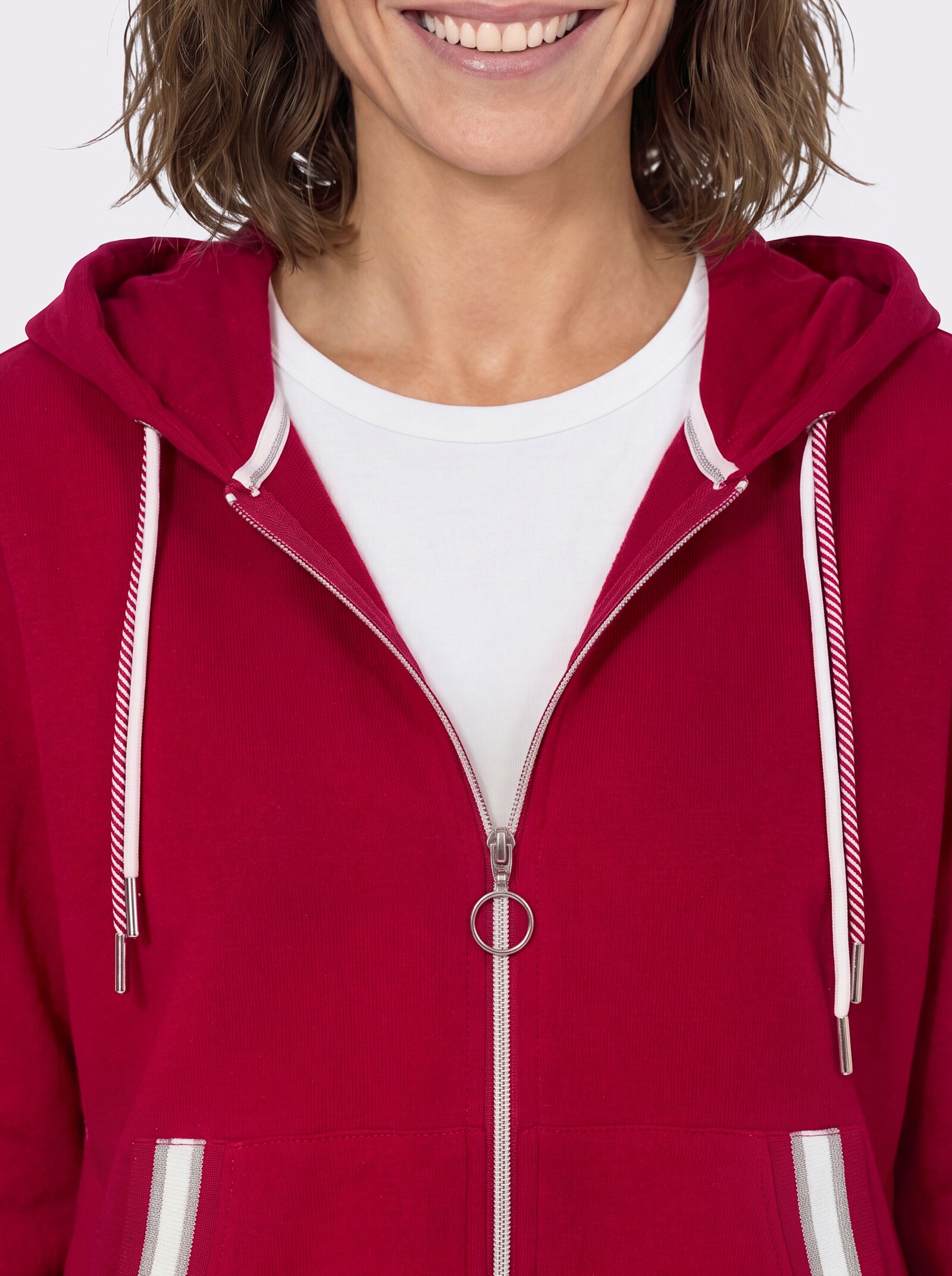 Sweatjacke mit Känguru-Tasche - rot-ecru