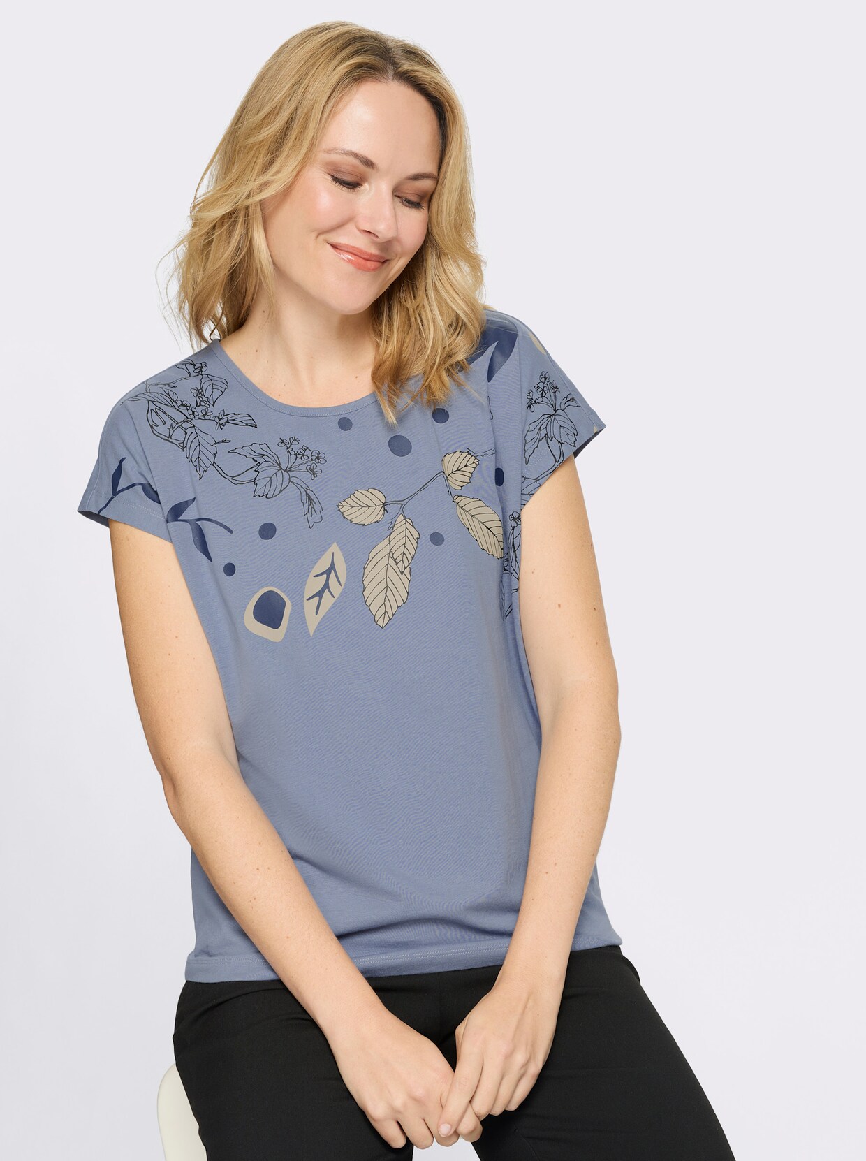 Rundhalsshirt mit platziertem Druck - taubenblau-dunkelblau-bedruckt