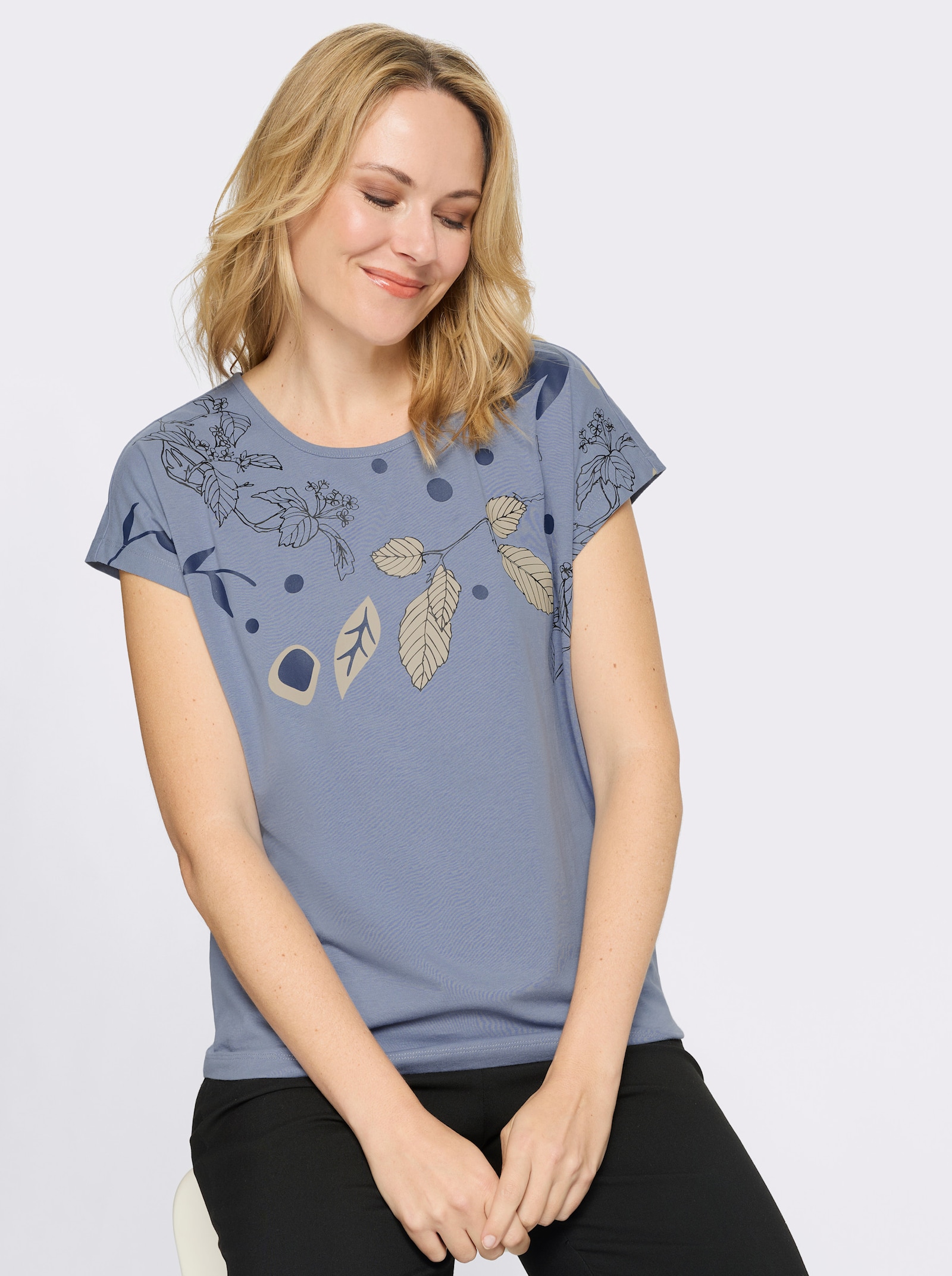 Rundhalsshirt mit platziertem Druck - taubenblau-dunkelblau-bedruckt