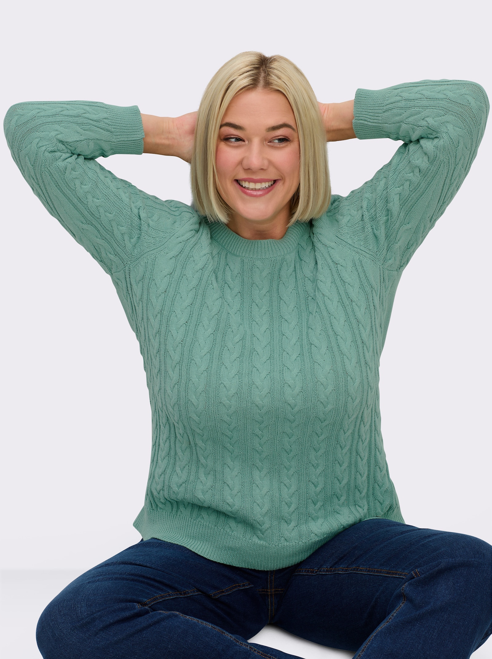 Strickpullover mit Zopfmuster - jadegrün