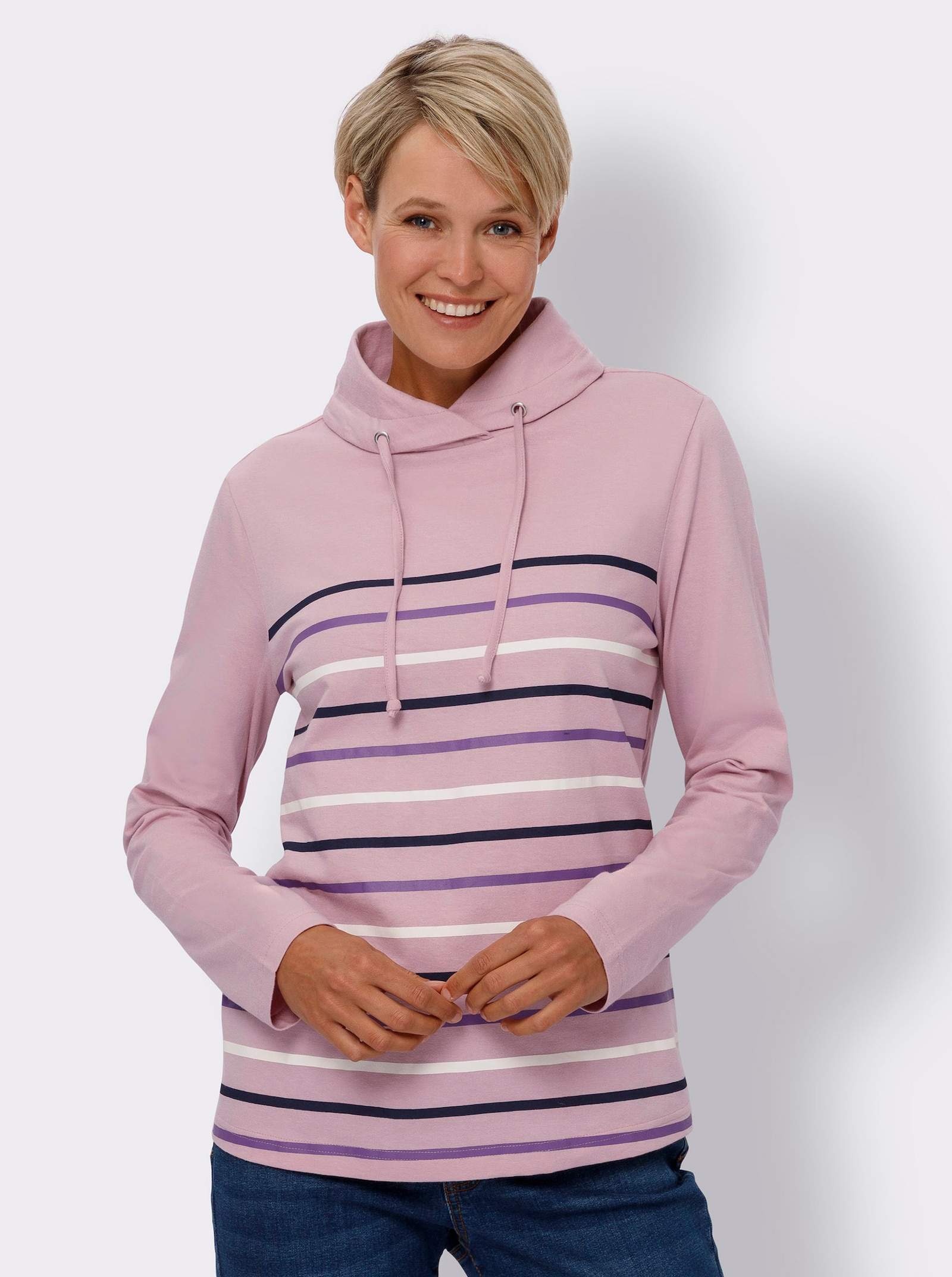 Rollkragenshirt mit platziertem Streifenmuster - rosé-marine-gestreift