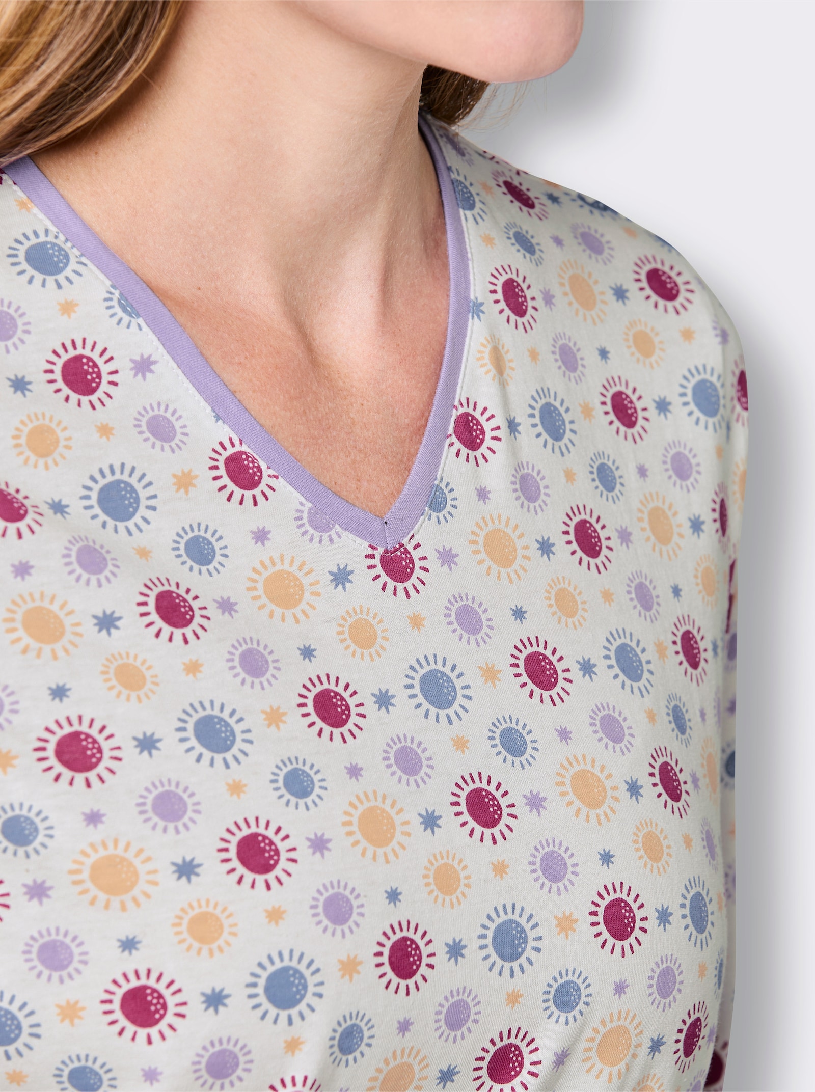 wäschepur Schlafanzug aus reiner Baumwolle - ecru-lavendel-bedruckt