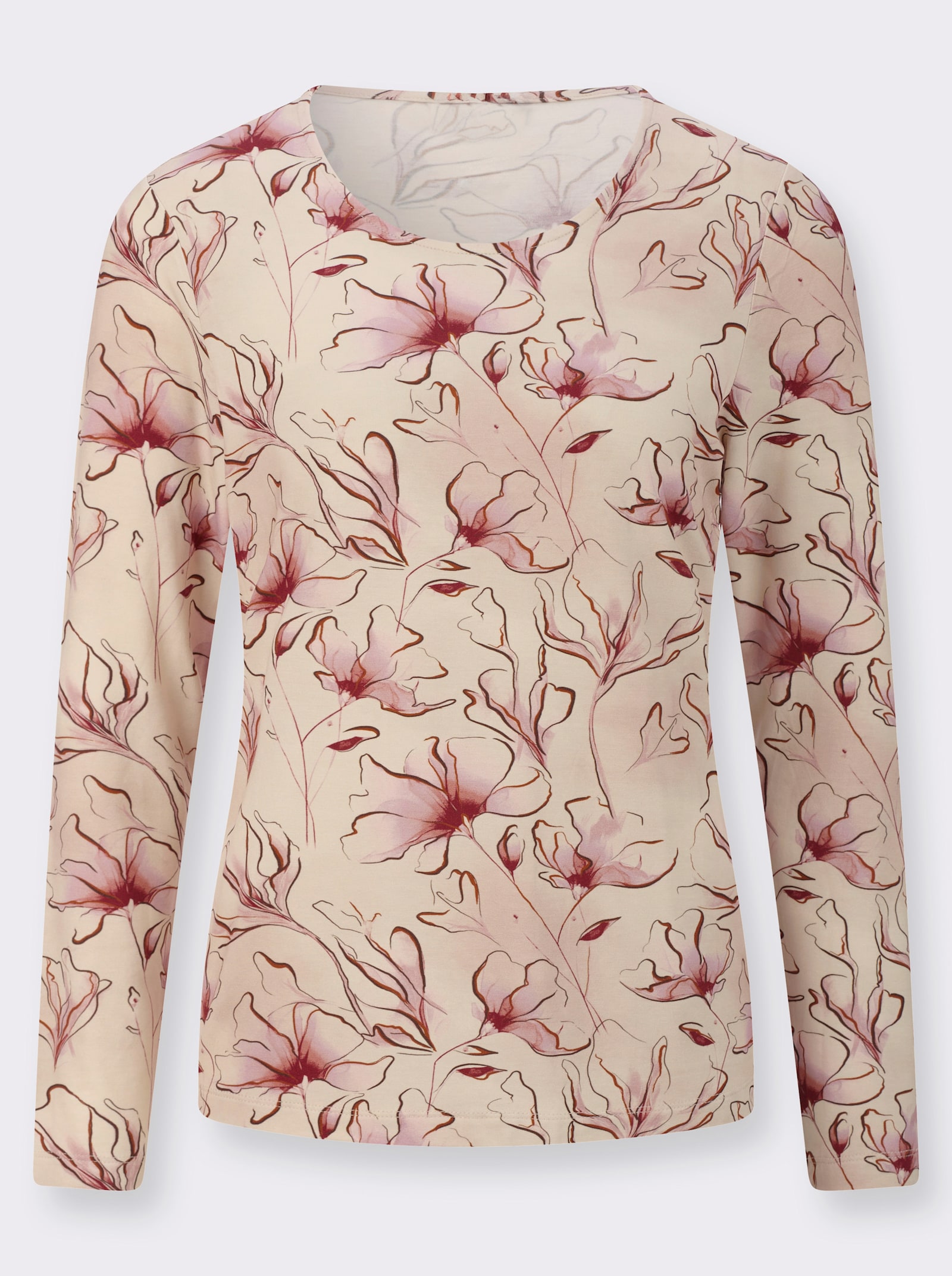 Langarmshirt mit floralem Dessin - hortensie-bordeaux-bedruckt