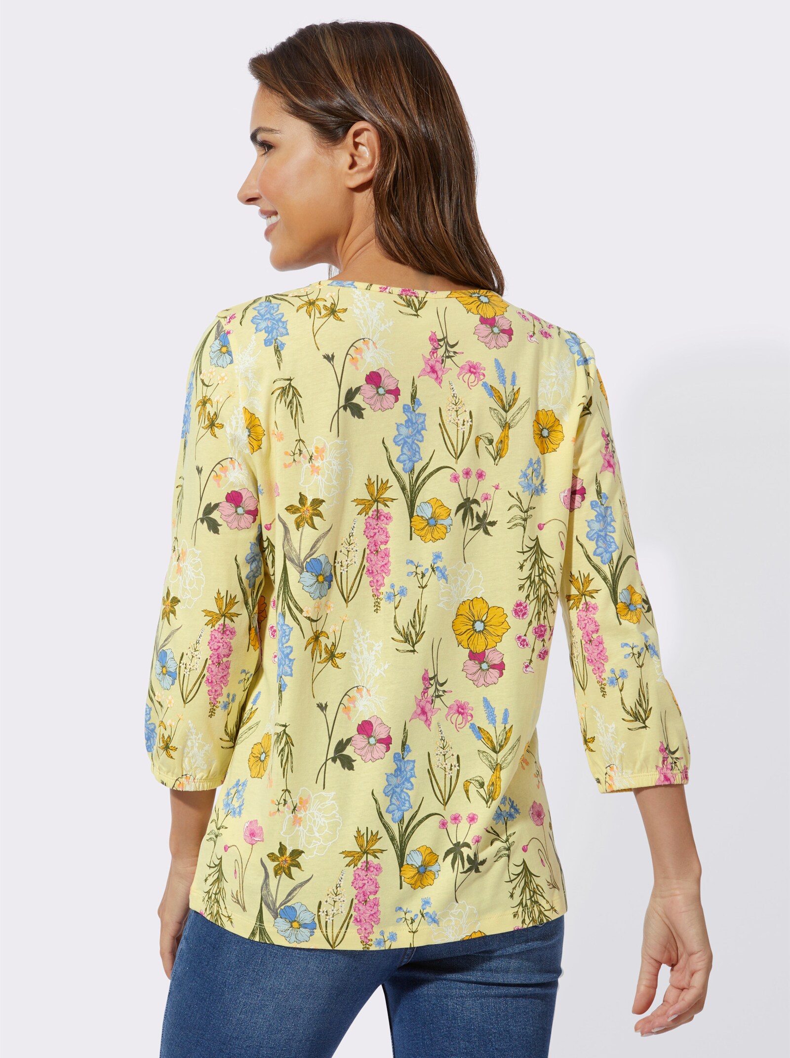 Shirt met 3/4-mouwen en bloemenprint - citroen/olijf bedrukt