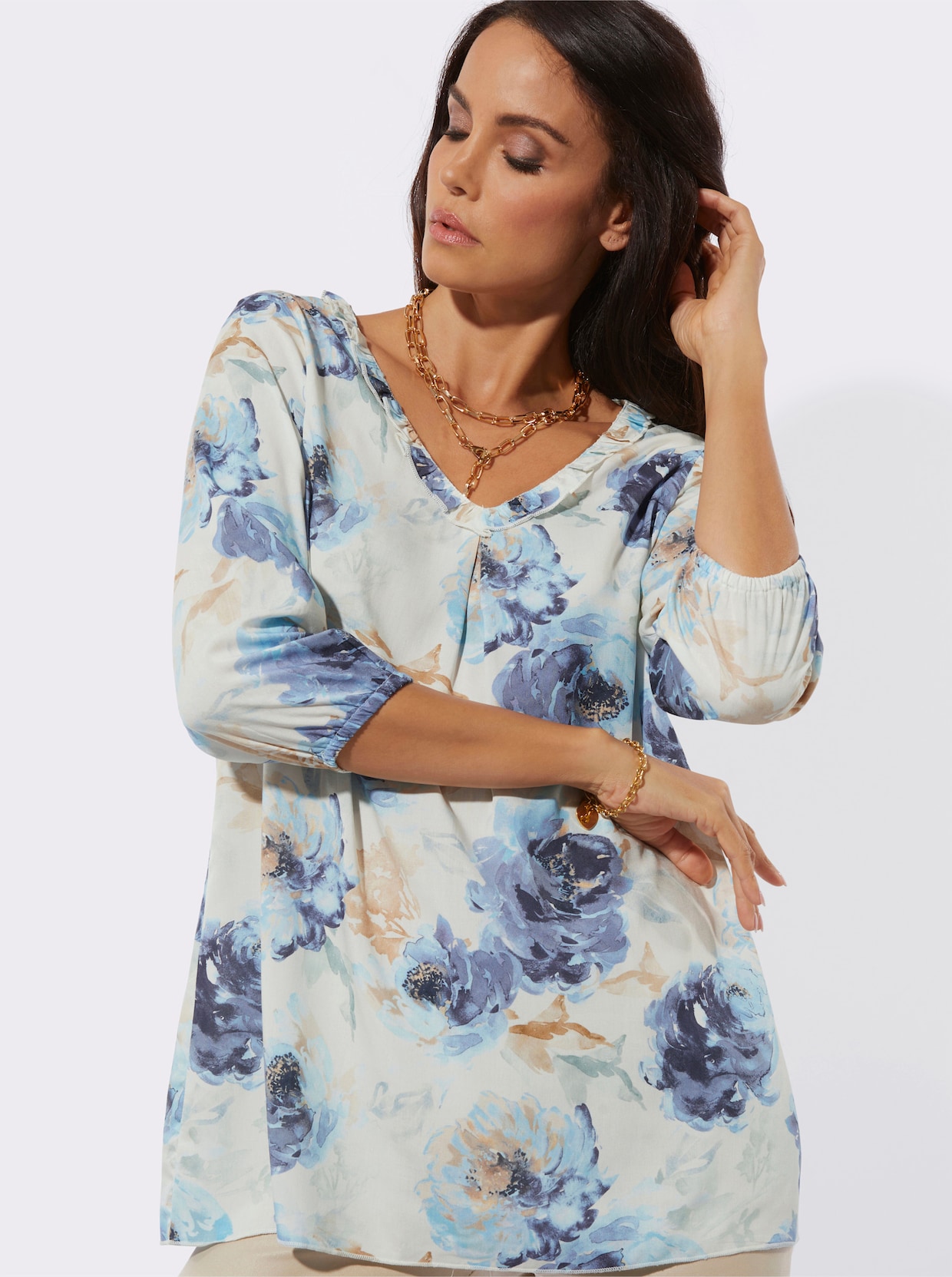 Longbluse - champagner-bleu-bedruckt