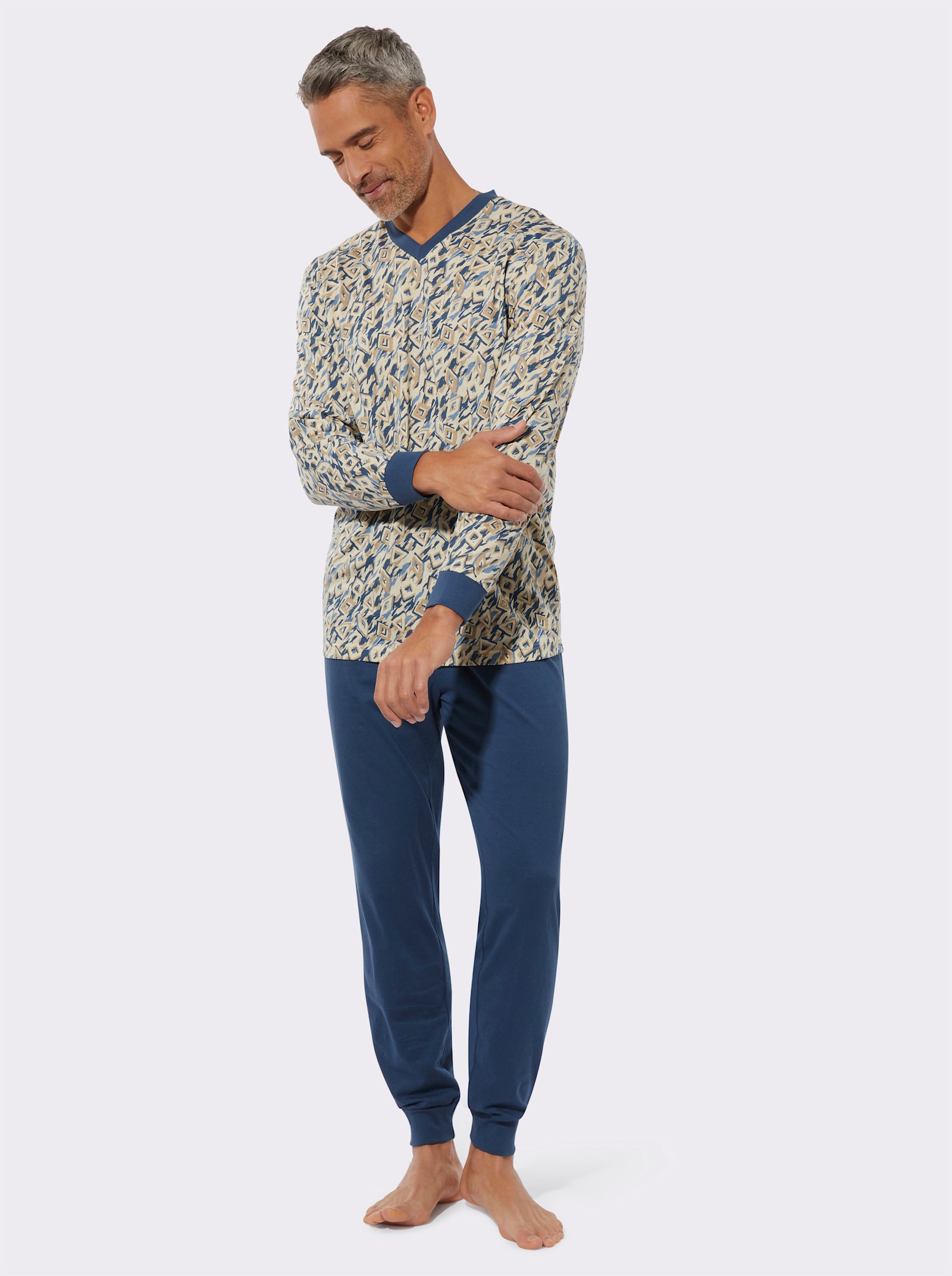 Pyjama met elastische ribboordjes - zand/jeansblauw bedrukt