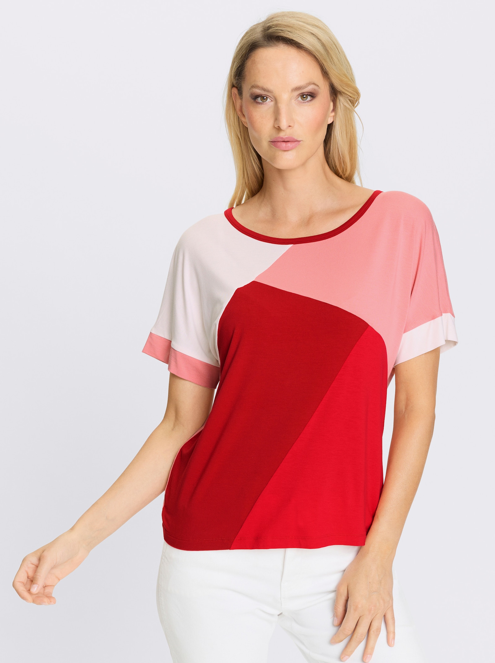 heine Rundhalsshirt im Colour Blocking - rot-pink-gemustert