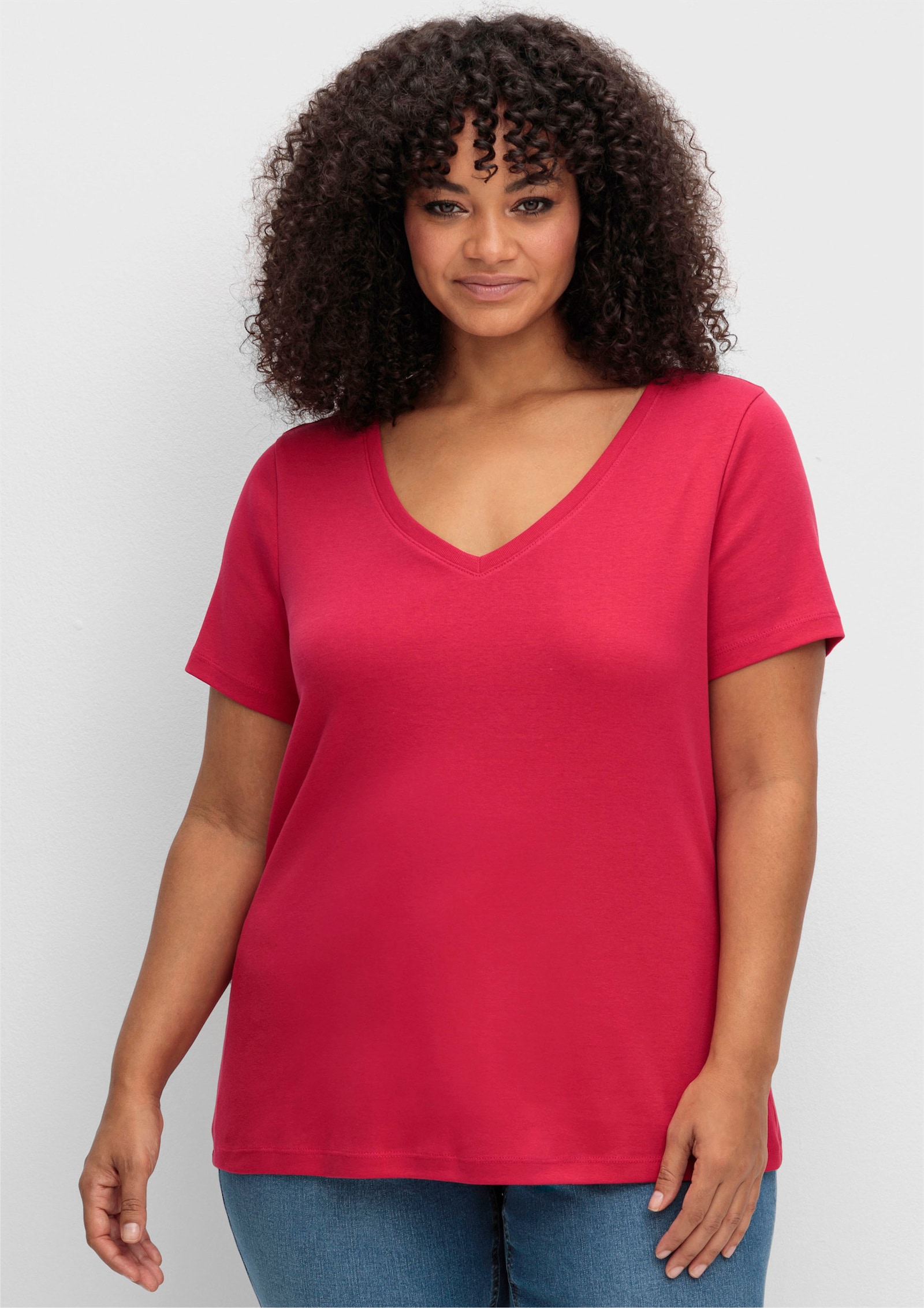 sheego T-Shirt mit V-Ausschnitt, Rippqualität - sorbet pink