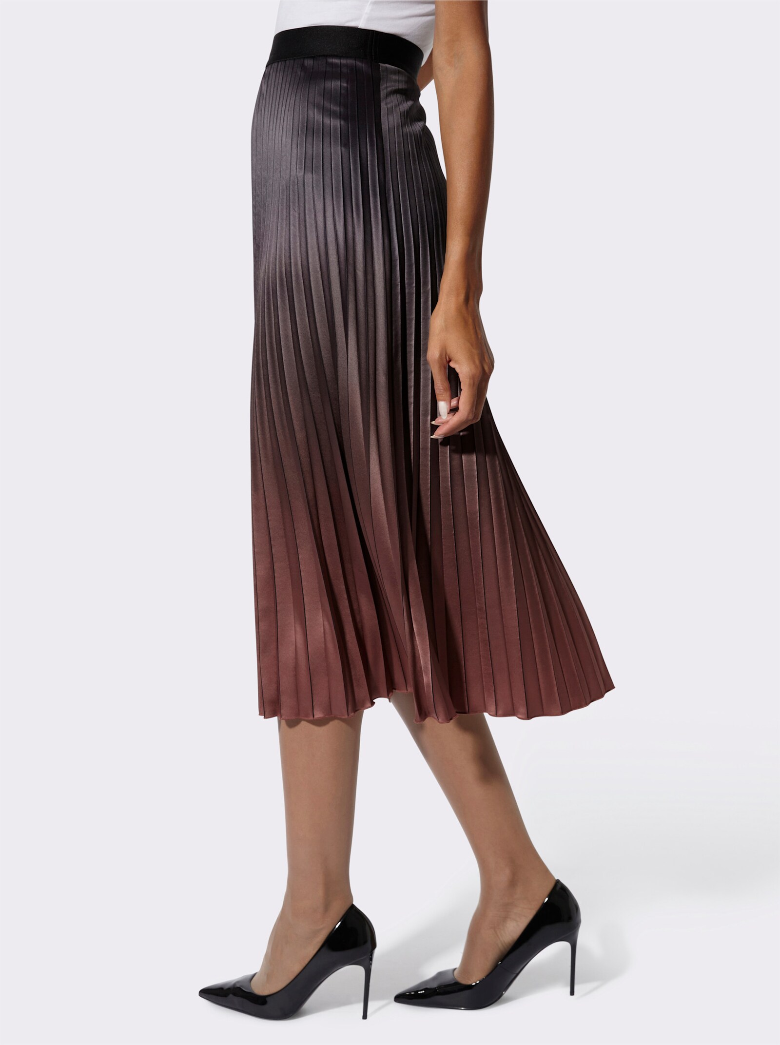 Plisseerock im modischen Farbverlauf - schwarz-rotbraun-bedruckt