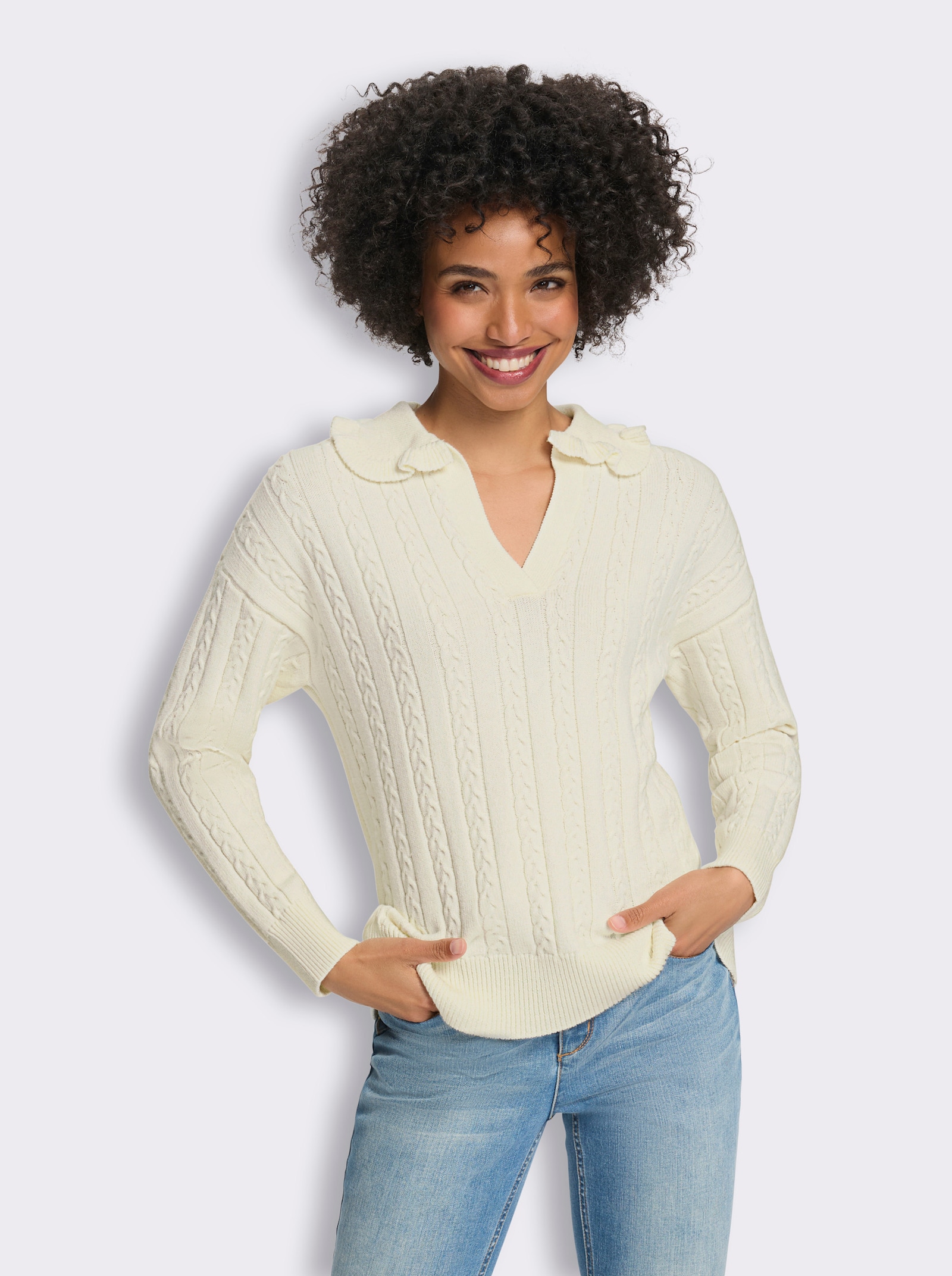 heine Langarm-Pullover mit Zopfmuster - champagner