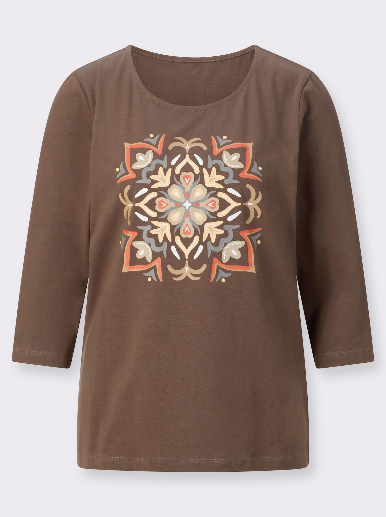 Tričko s 3/4 rukávmi a potlačou mandaly - Čokoláda – prírodný hodváb