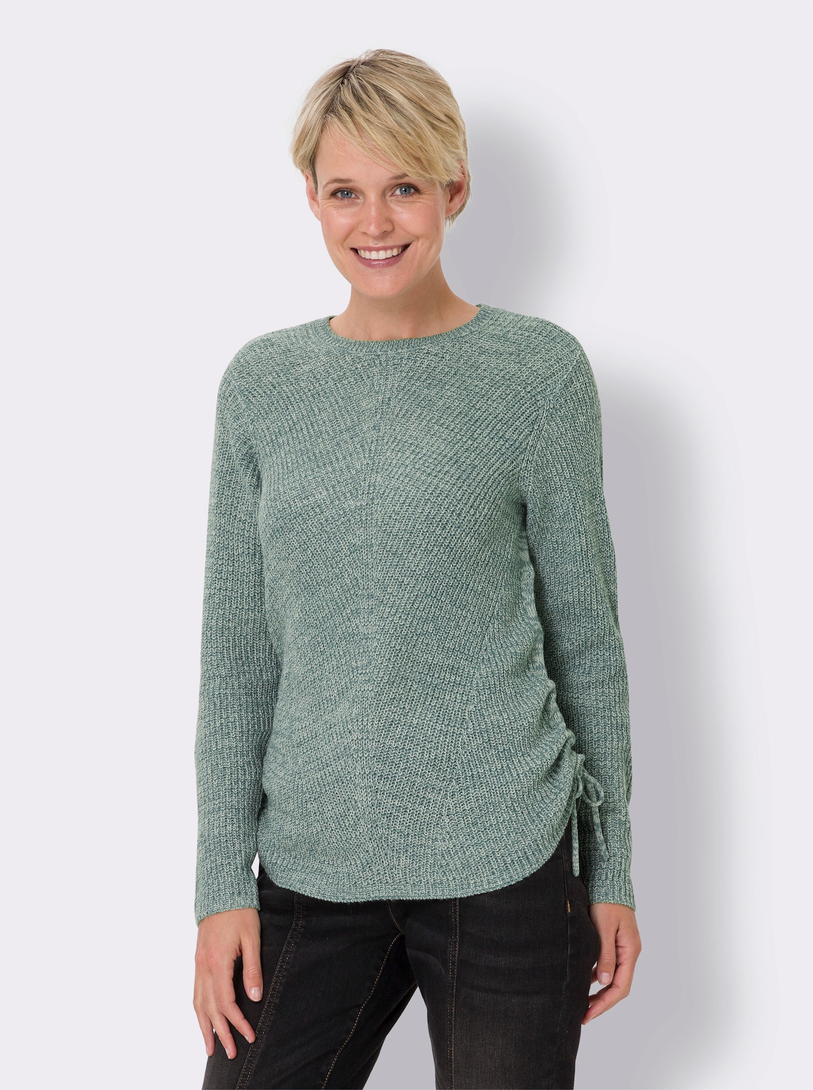 Strickpullover mit Raffung am Saum - jade-ecru-meliert