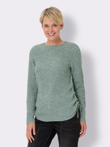 Strickpullover mit Raffung am Saum - jade-ecru-meliert