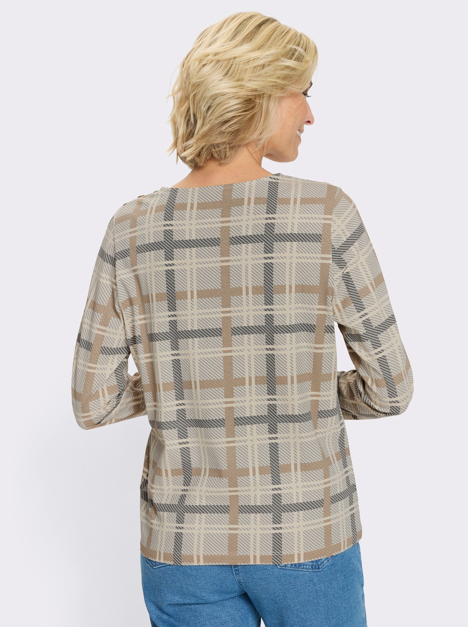 Shirt met lange mouwen en sierknoopsluiting - zand/antraciet bedrukt