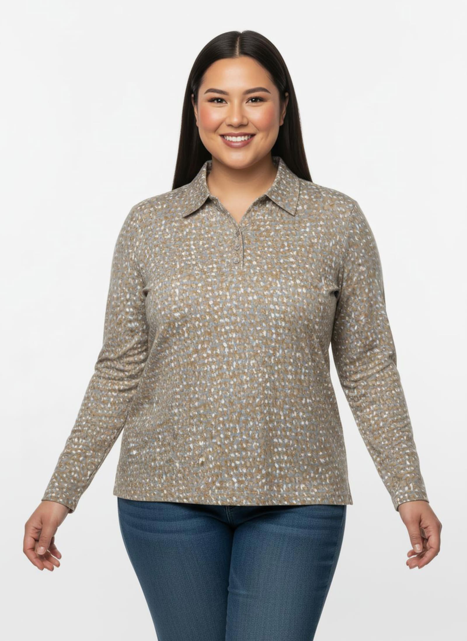 Poloshirt mit Knopfleiste - camel-steingrau-bedruckt