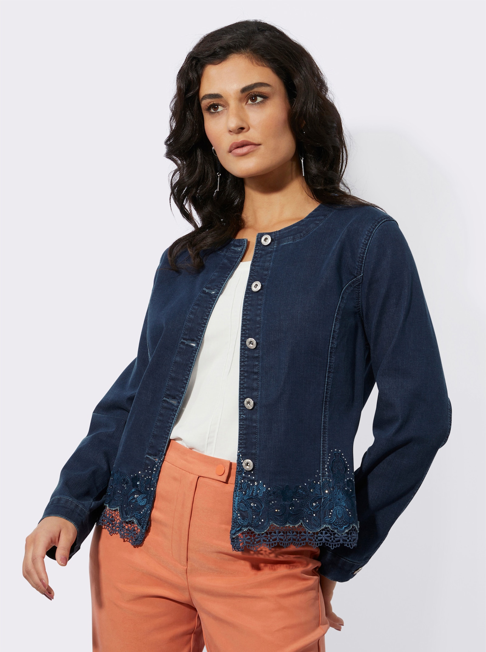  Jeansblazer mit Spitzenbordüre und Glitzersteinchen - blue-stone-washed