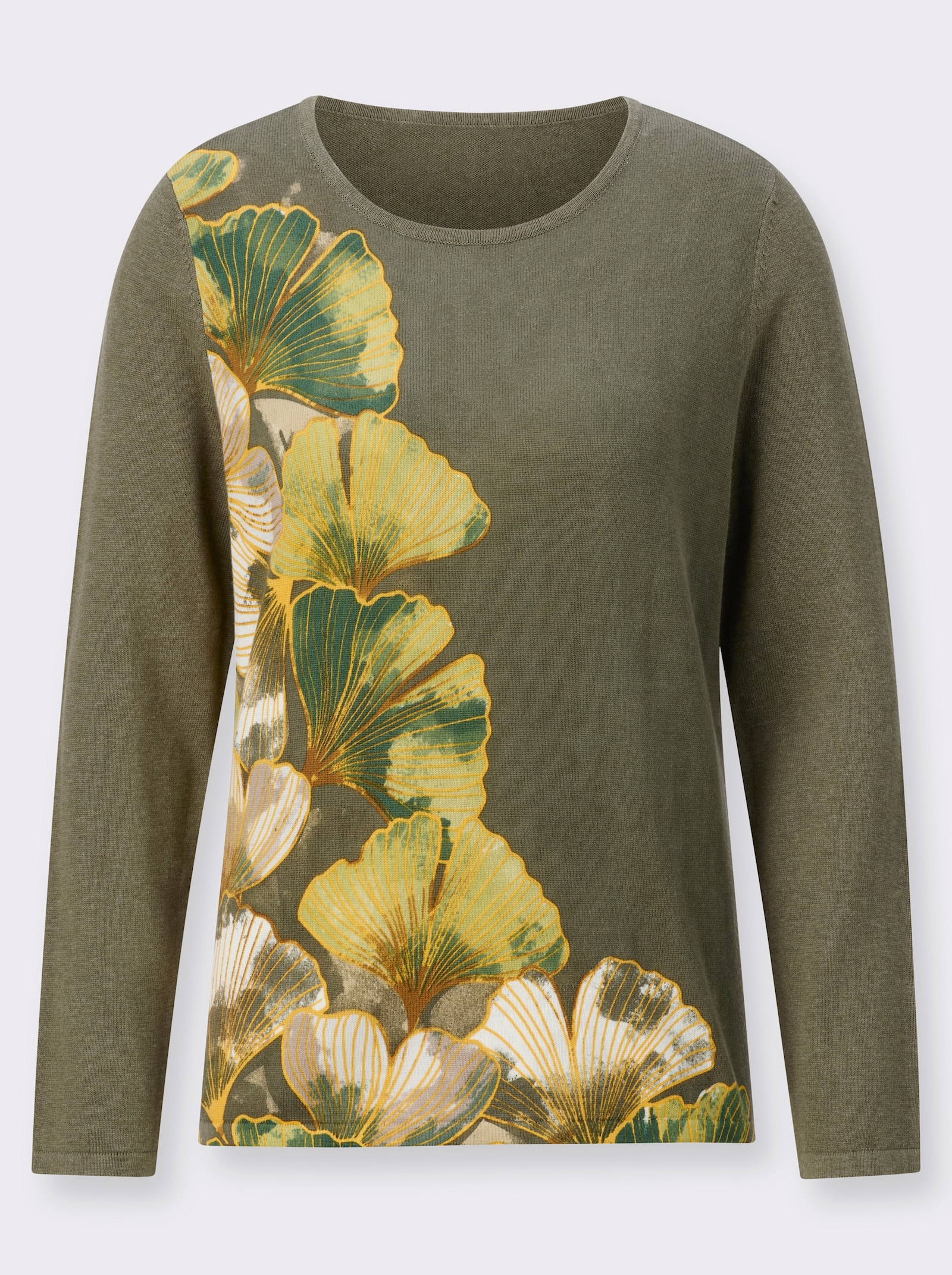 Pull à encolure ronde en qualité tricot fin - kaki-roseau imprimé