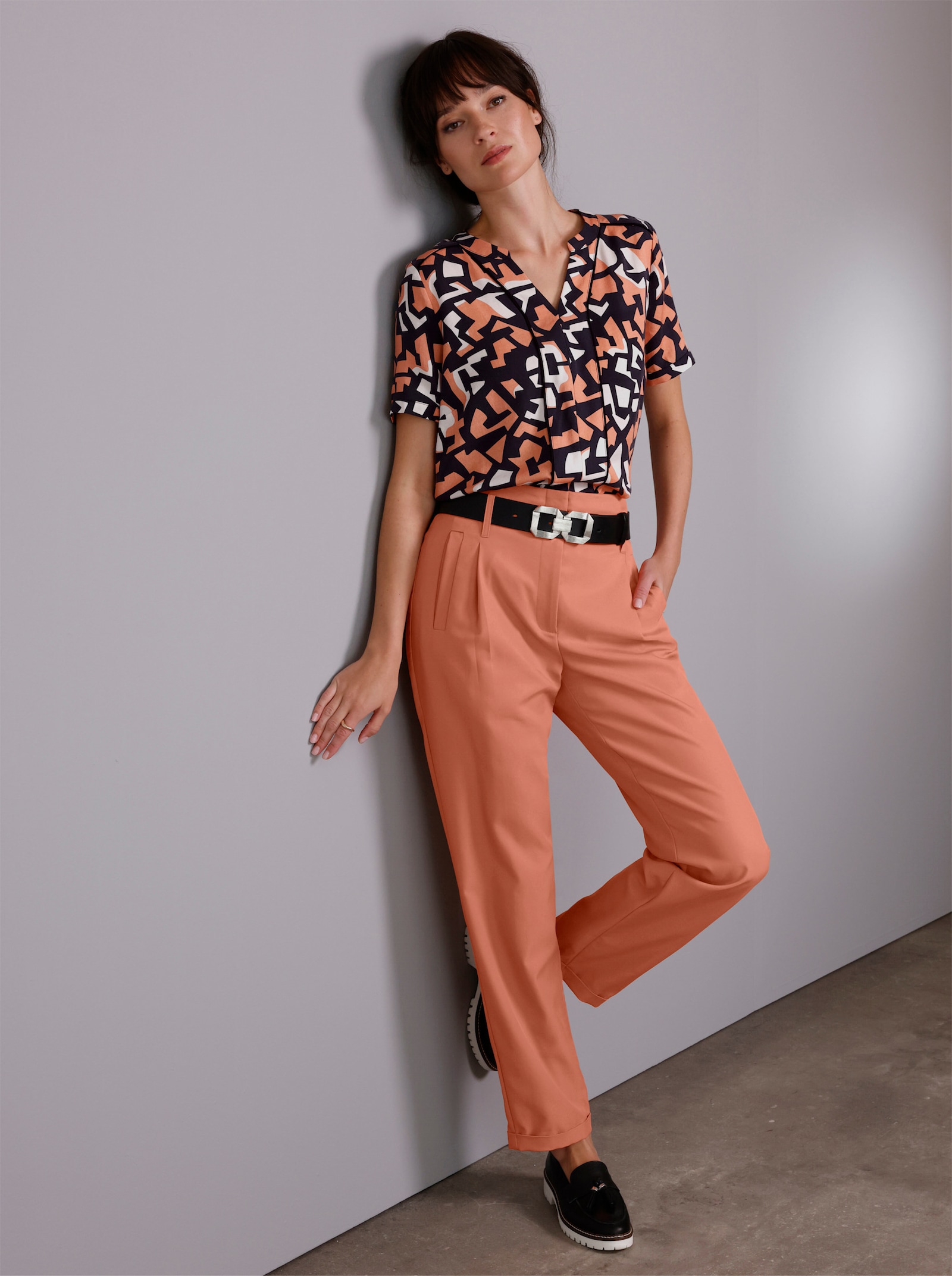 CREATION L PREMIUM Kurzarmbluse mit Rückenfalte - papaya-ecru