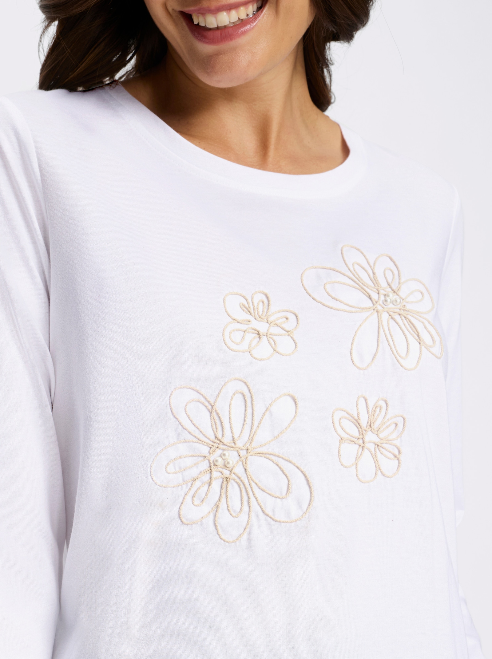 Langarmshirt mit Kordelstickerei und Zierperlen - ecru